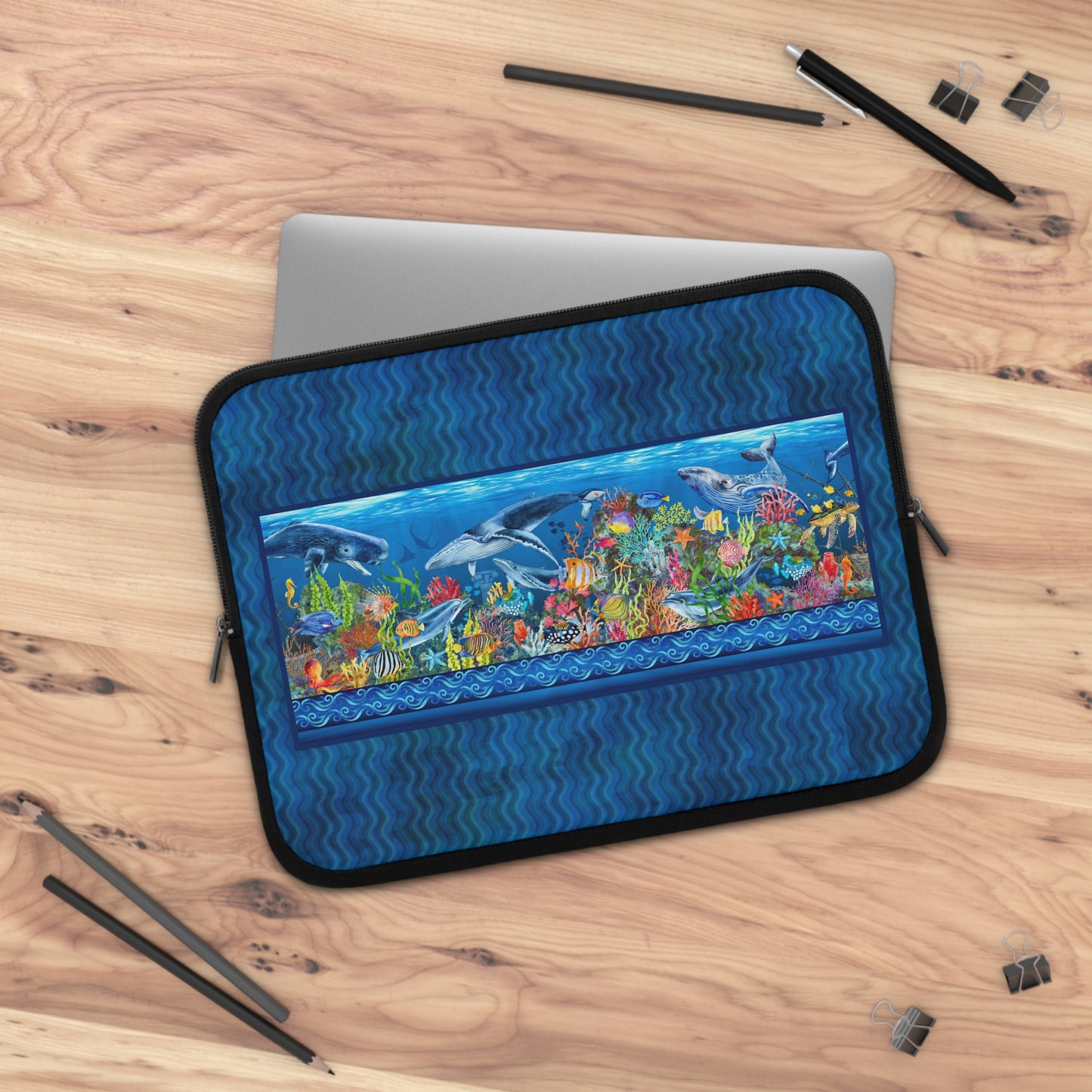 Laptop Sleeve: [CALYPSO]:  Sea Life Panel-Stripe Tonal