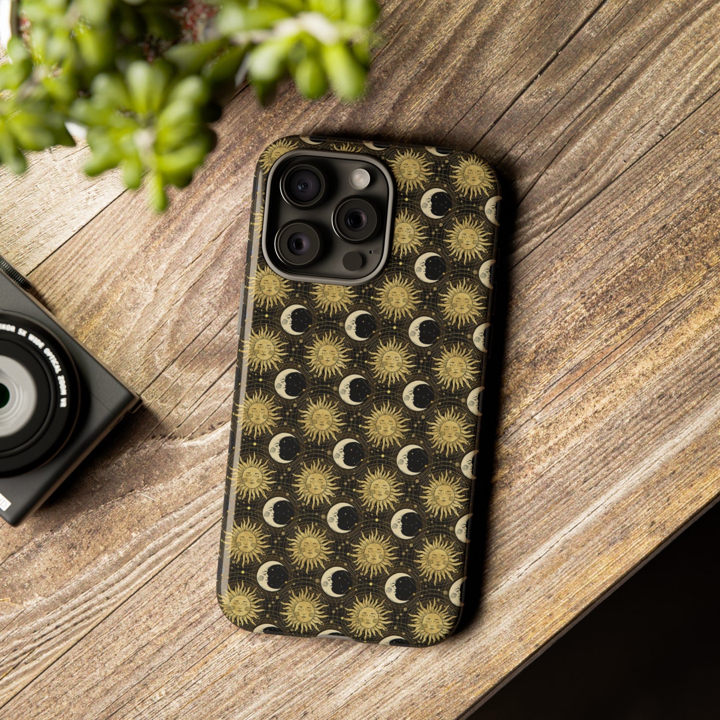 Apple I-Phone 15 (Series) Tough Case-Phone Case:  The Sun, The Moon, And The Stars [Gold Suns, Smiling Moons]