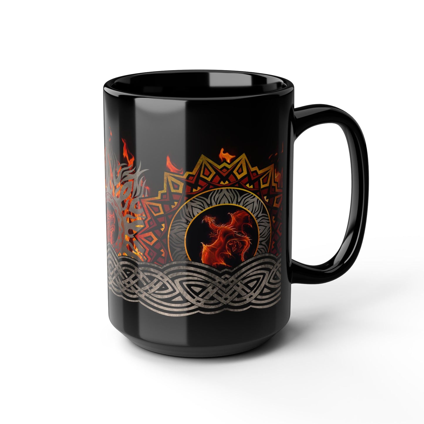 Black Mug-15oz:  "Red Dragons" Border