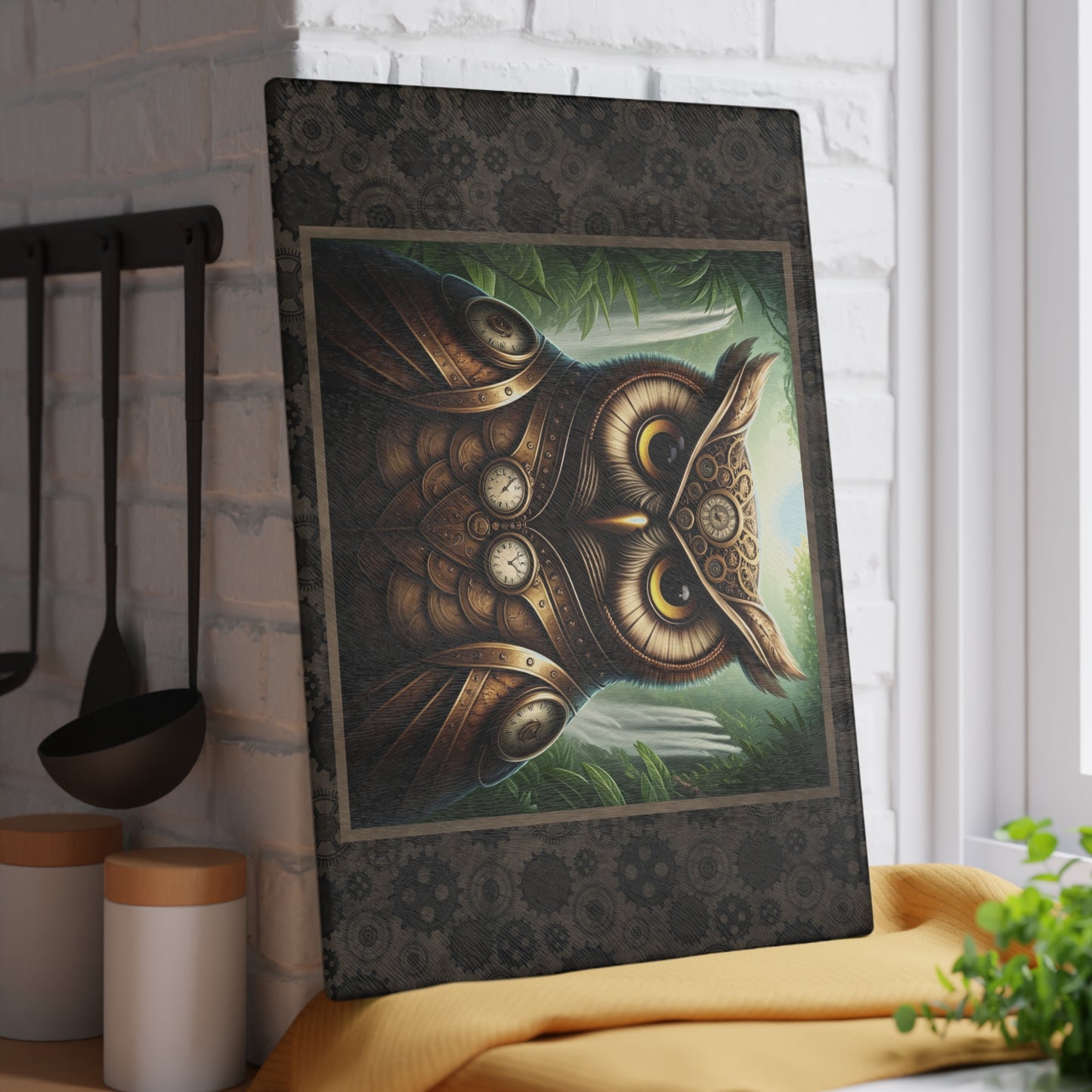 Glass Cutting Board (11"x15"):  Steampunk Animals [Owl]