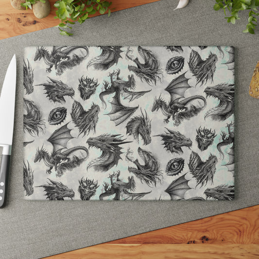 Glass Cutting Board (11"×15"): "Dragons" [Black/White Schetch]