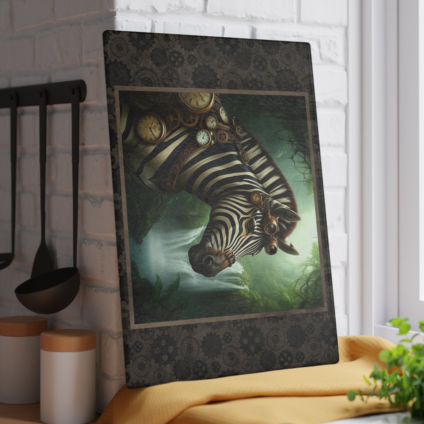 Glass Cutting Board (11"x15"):  Steampunk Animals [Zebra}