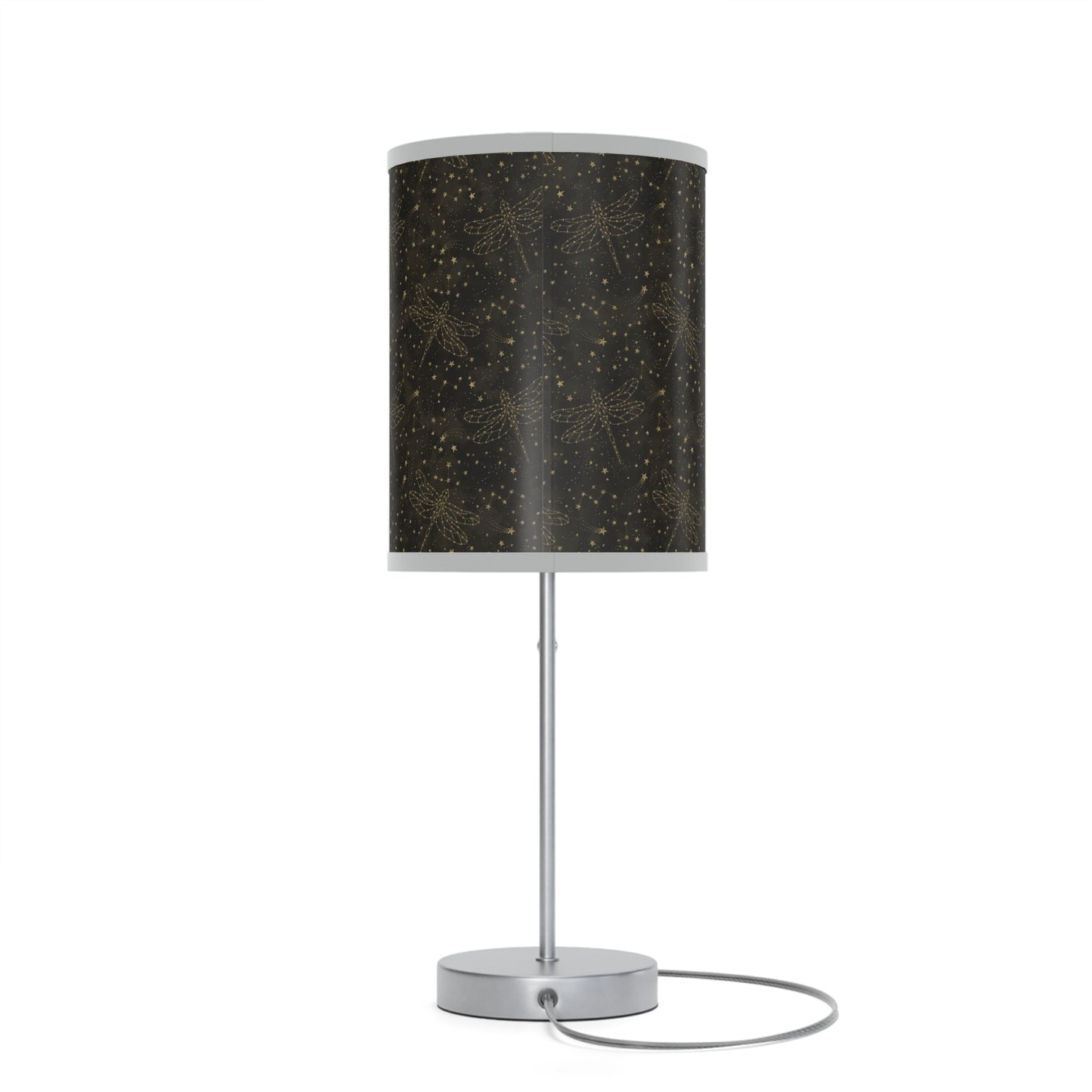 Table Lamp: Silver W/Black Trim; The Sun, The Moon, and The Stars [Gold Sparkle Dragonflies]