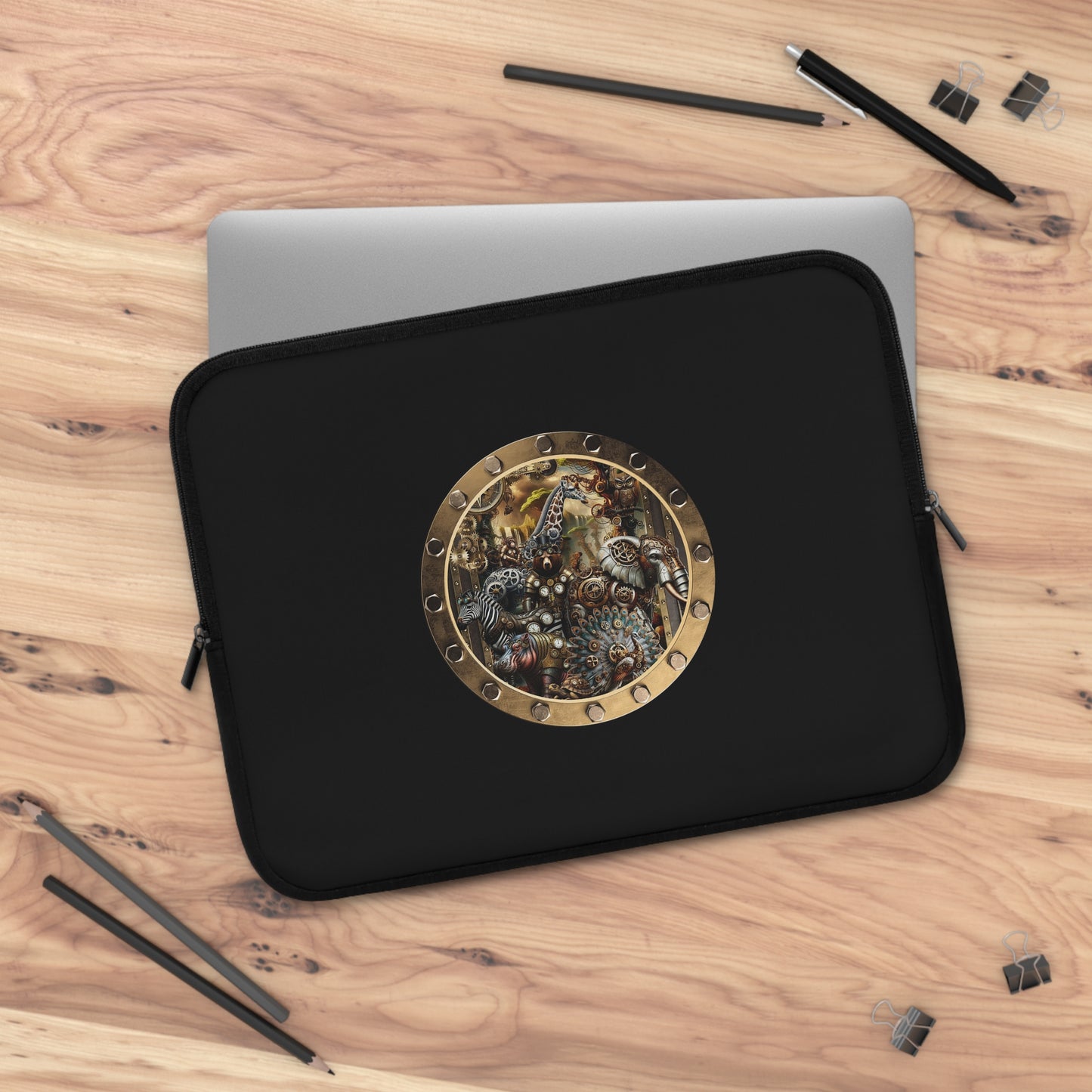 Steampunk Porthole Laptop Sleeve — Vintage Gear & Brass Robot Design