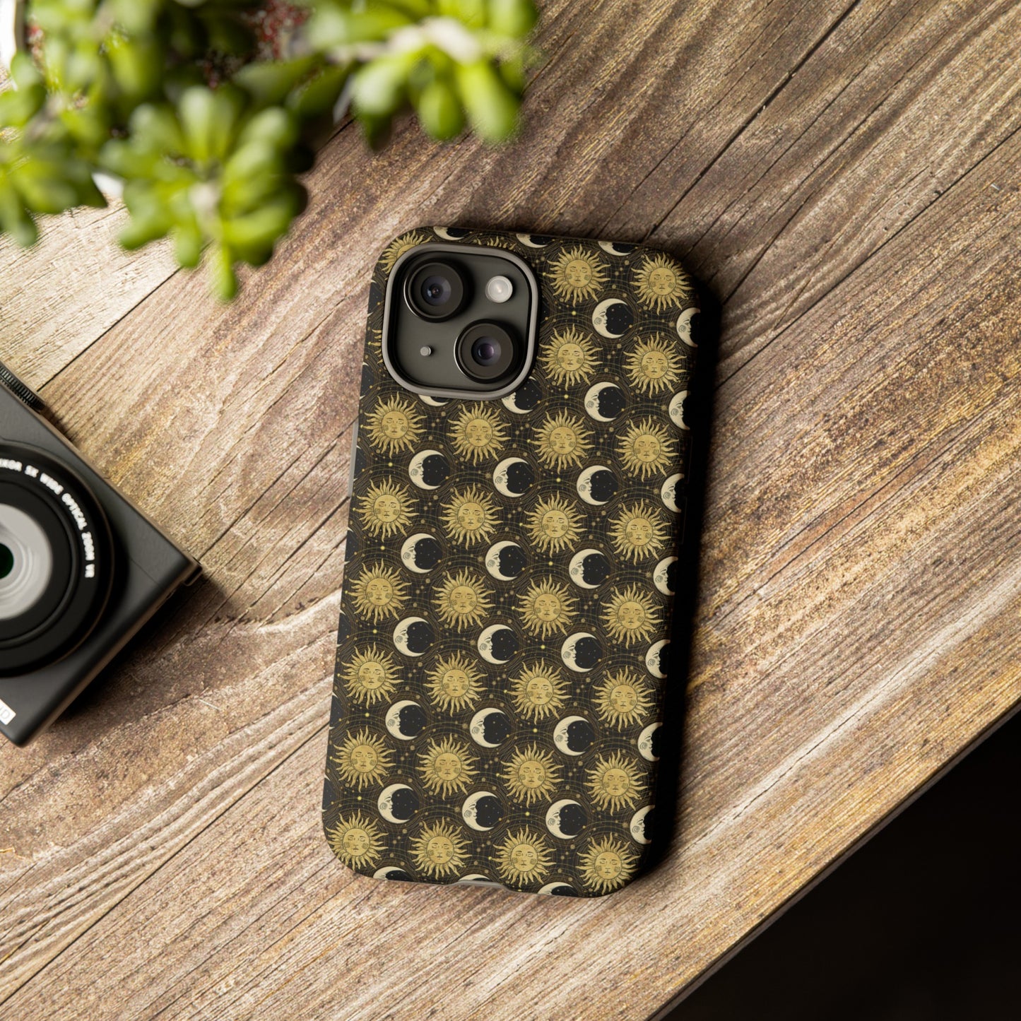 Apple I-Phone 15 (Series) Tough Case-Phone Case:  The Sun, The Moon, And The Stars [Gold Suns, Smiling Moons]