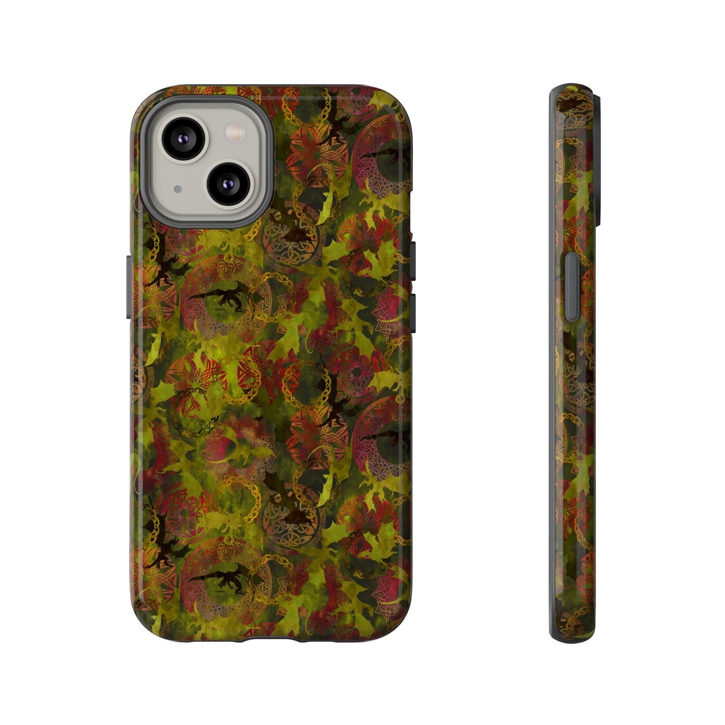 Apple I-Phone 14 (Series) Tough Case-Phone Case: Dragons [Green Panel]
