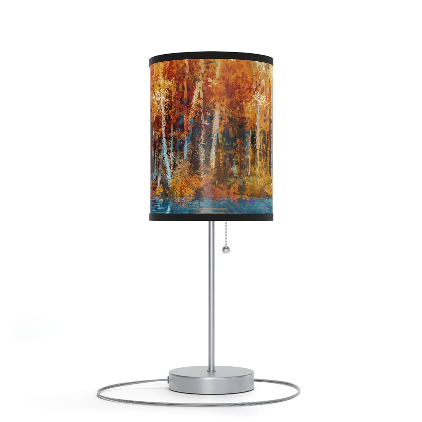 Table Lamp: Silver Base W/Black Trim; The Year of Art-Aspen Trees w/river