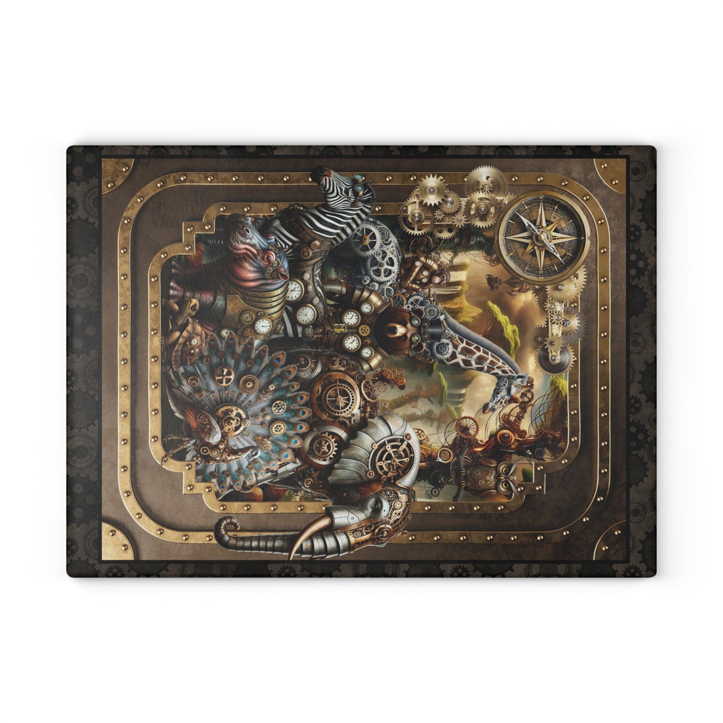 Glass Cutting Board (11"x15"):  Steampunk Animals [Full Panel]