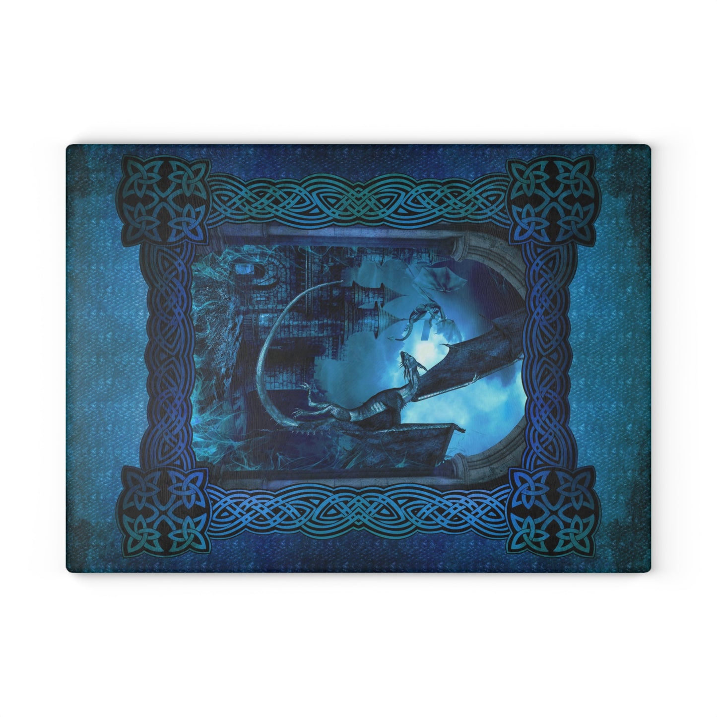 Glass Cutting Board (11"x15"): "Dragons" [Blue Panel]