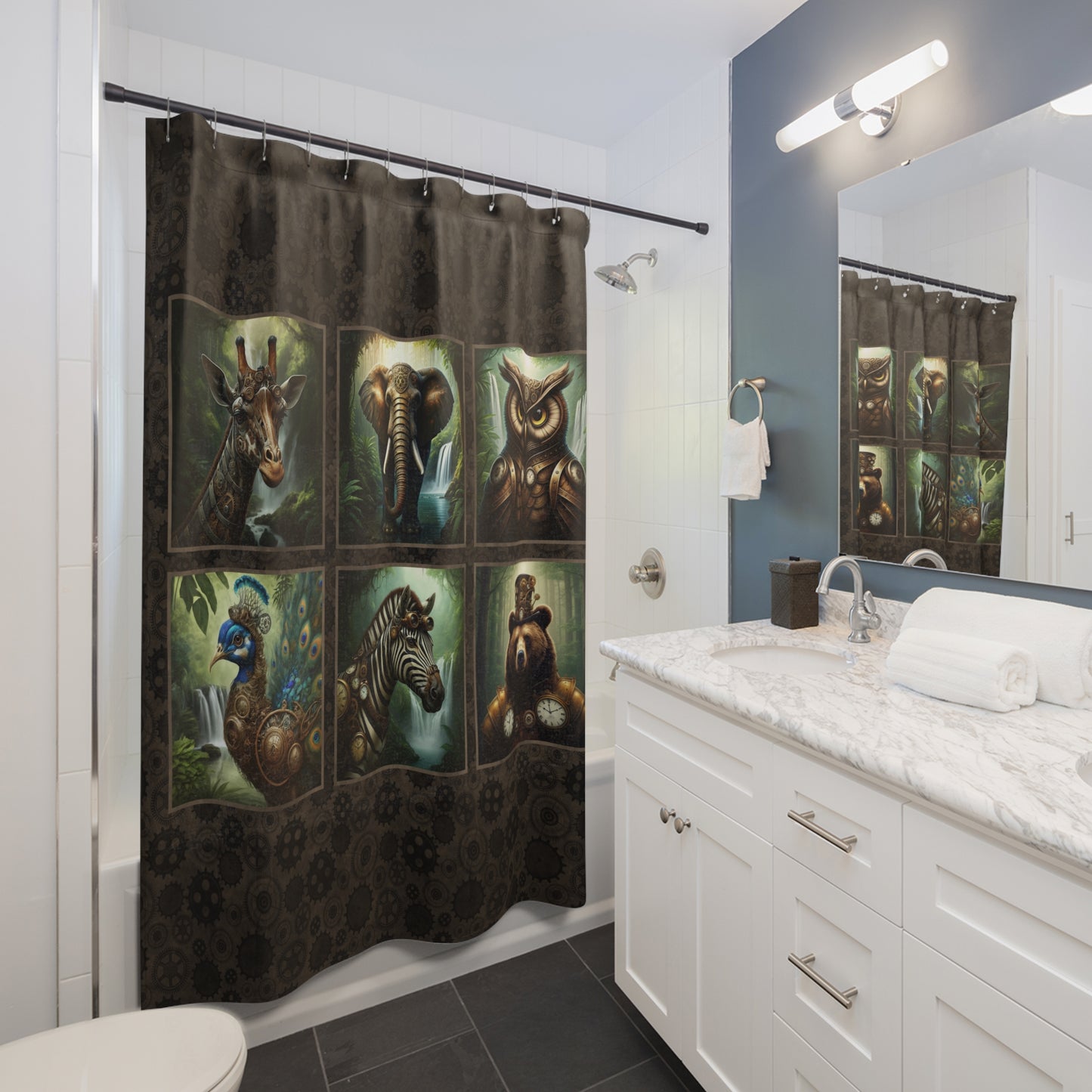 Vintage Steampunk Animal Panel Shower Curtain — Elephant, Owl, Giraffe & More