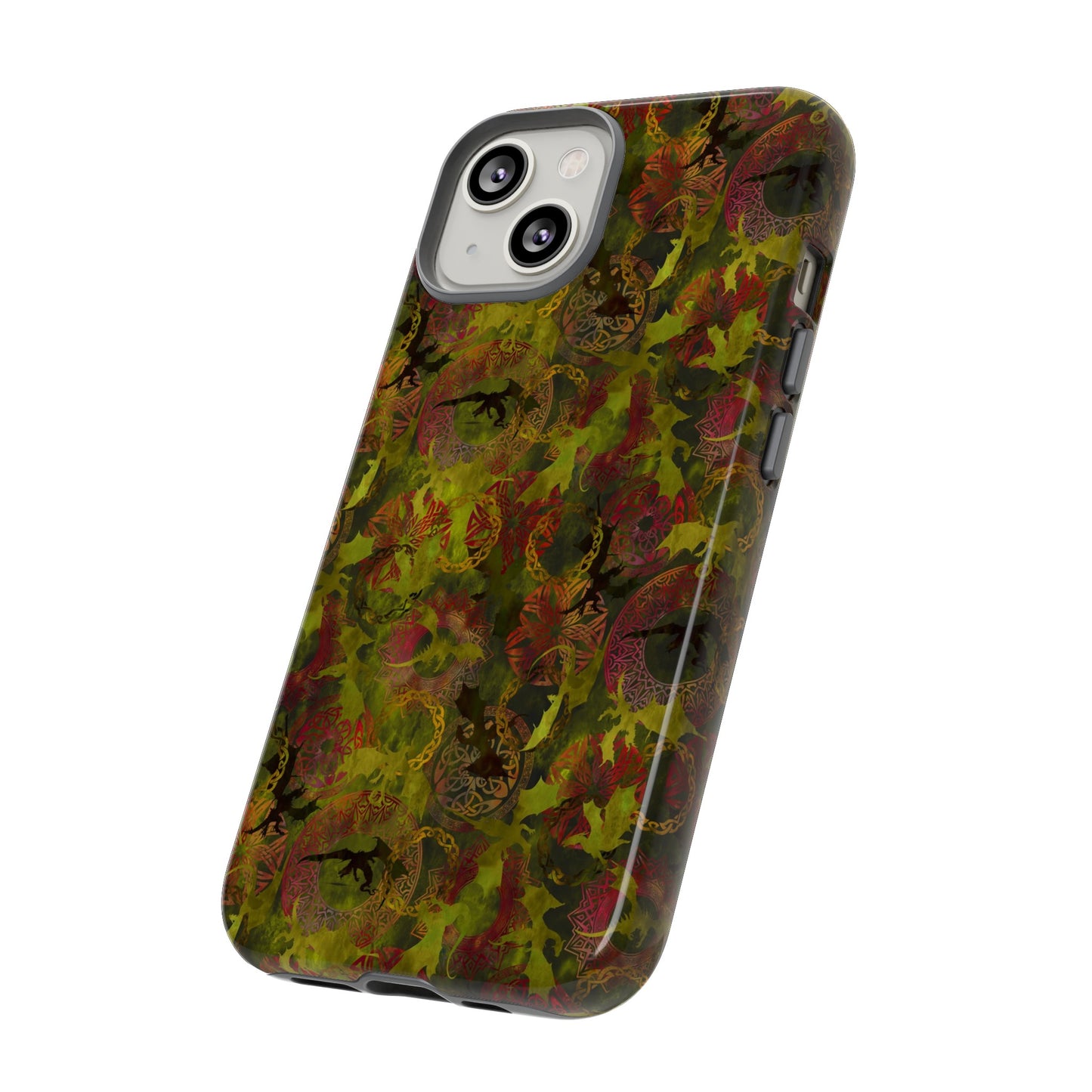 Apple I-Phone 14 (Series) Tough Case-Phone Case: Dragons [Green Panel]