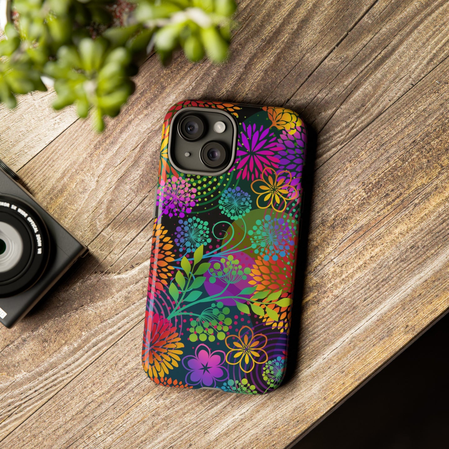 Apple I-Phone 15 Tough Case-Phone Case:  Unusual Garden  [Bright Flowers]