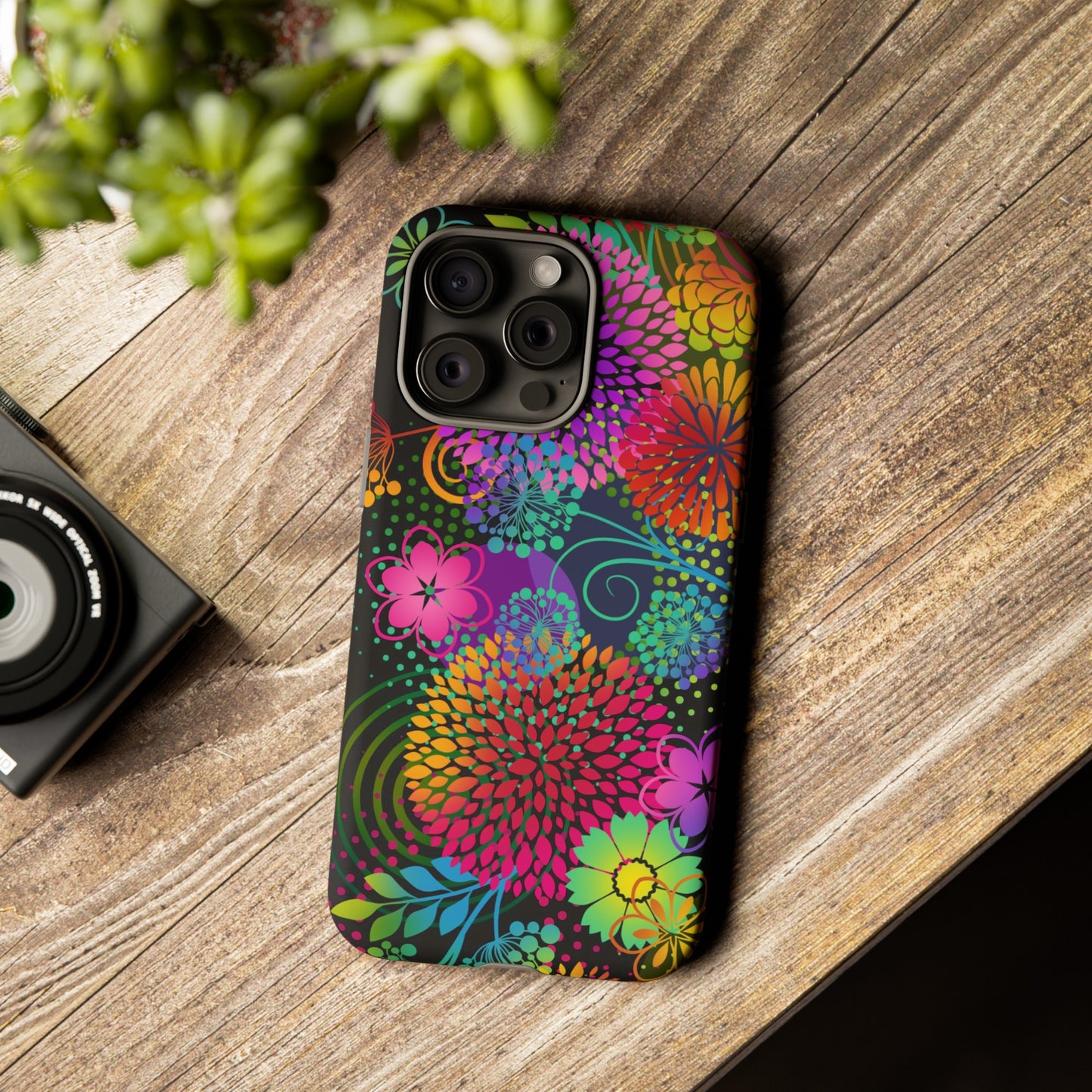 Apple I-Phone 15 Tough Case-Phone Case:  Unusual Garden [Bright Flowers Border]