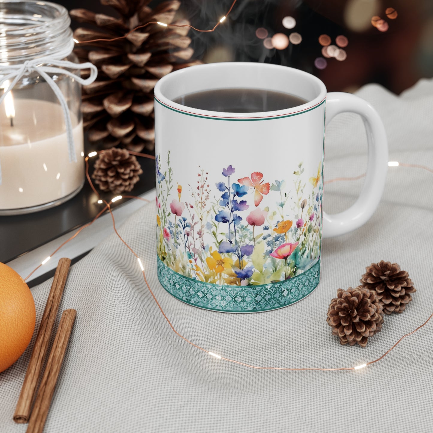 Ceramic Mug: White; Butterfly Fantasy [Flower Border]