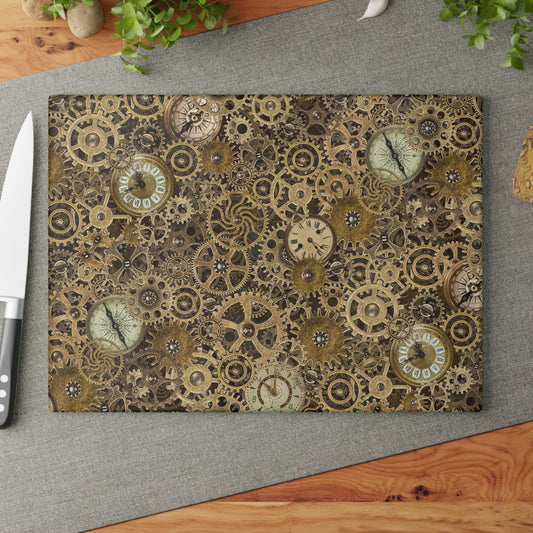 Steampunk Gear Glass Cutting Board — Vintage Clockwork Kitchen Decor