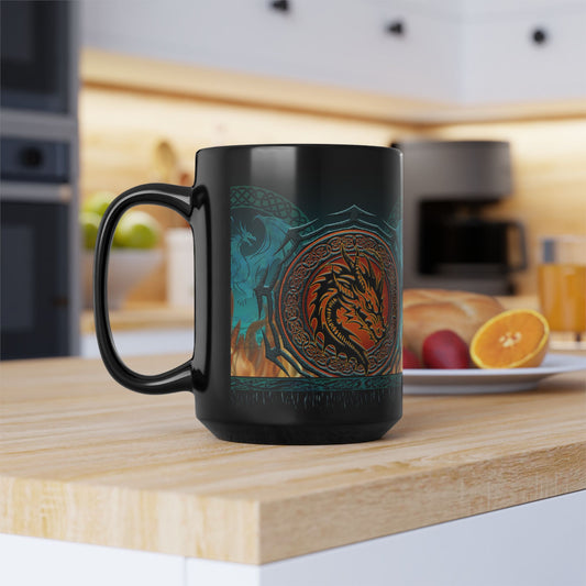 Black Mug-15oz:  "Emerald Dragons" Border
