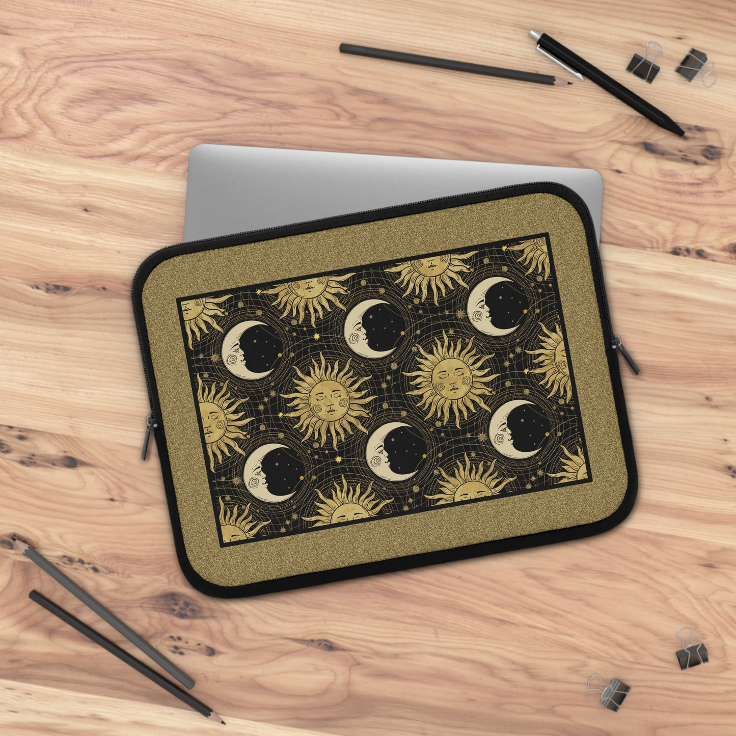 Laptop Sleeve  (Sizes:  13", 15", 17") [Sun, Moon, Stars]:  Gold Bkg, Black Sun and Moon.