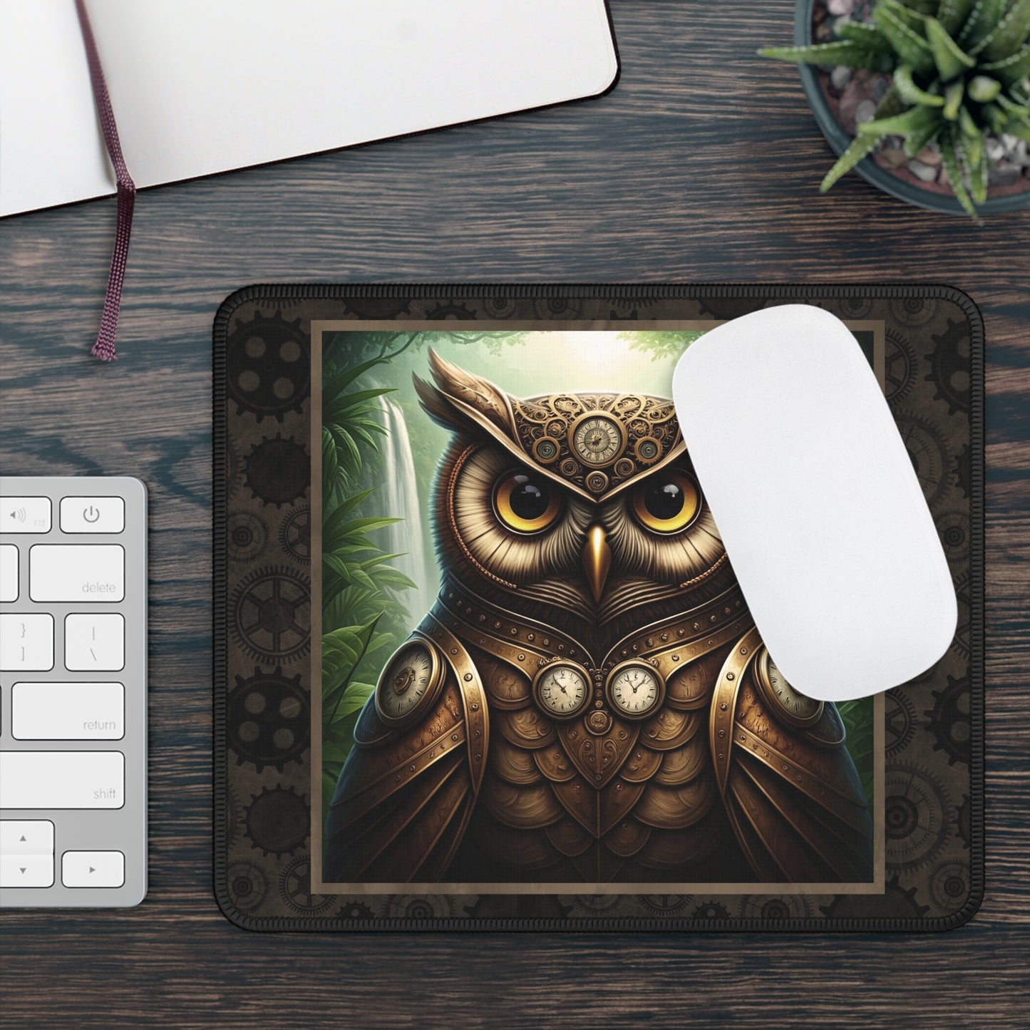 Steampunk Owl Gaming Mouse Pad — Mechanical Clockwork Forest Design