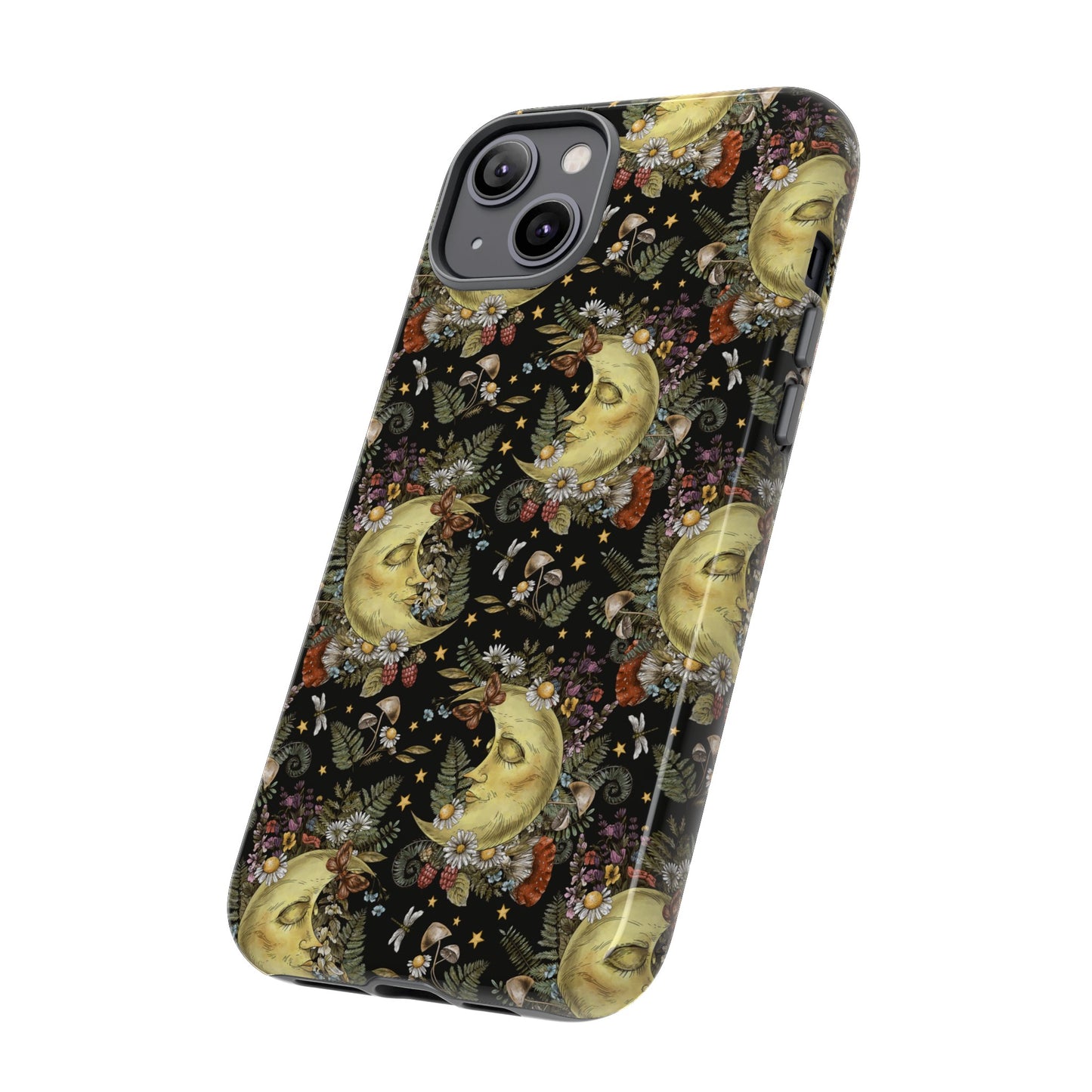 Apple I-Phone 14 Tough Case-Phone Case: The Sun, The Moon, And The Stars [Moon With Flowers]
