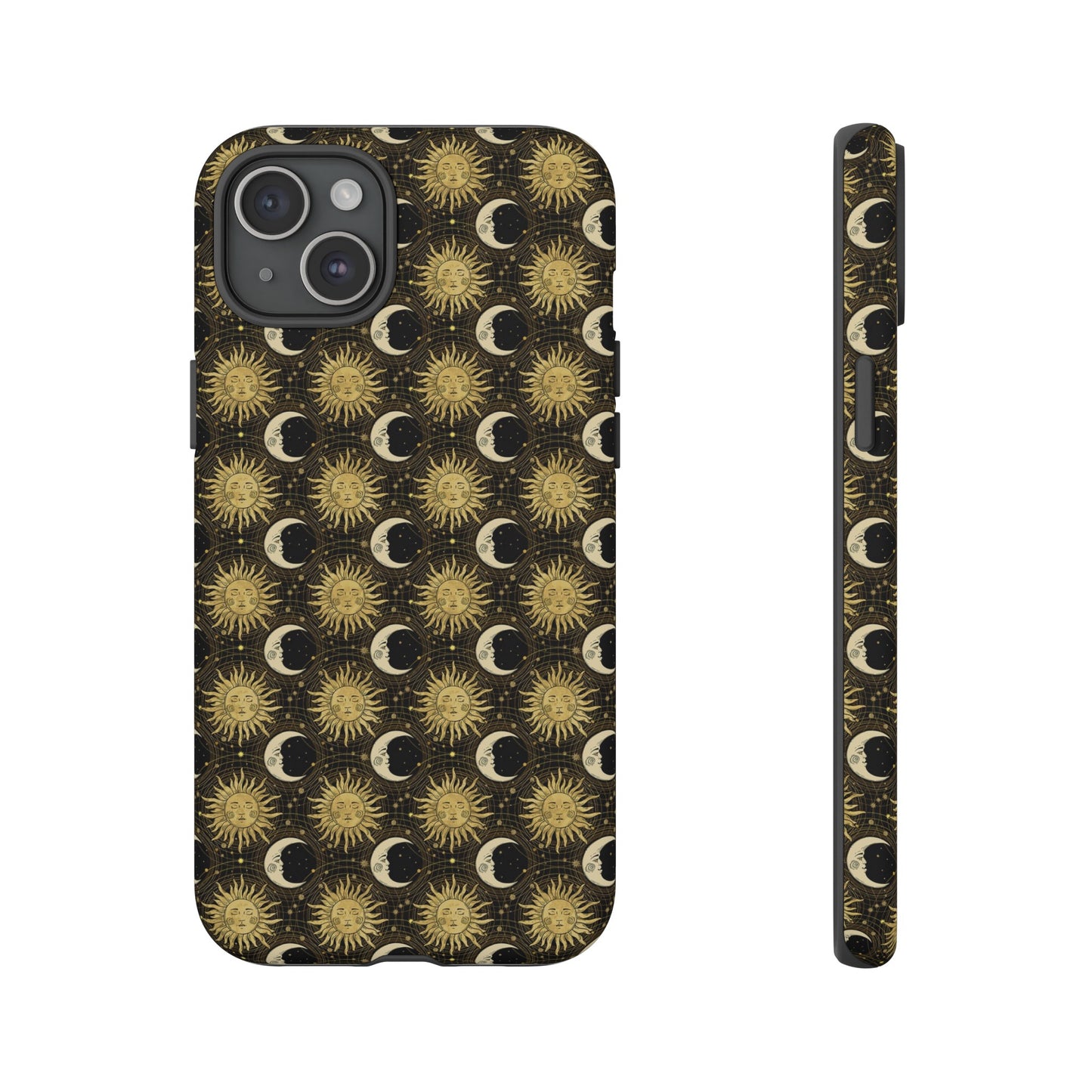 Apple I-Phone 15 (Series) Tough Case-Phone Case:  The Sun, The Moon, And The Stars [Gold Suns, Smiling Moons]