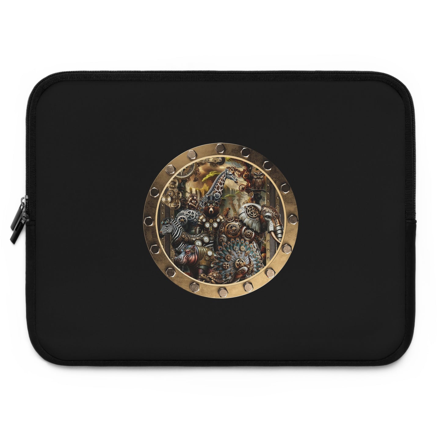 Steampunk Porthole Laptop Sleeve — Vintage Gear & Brass Robot Design