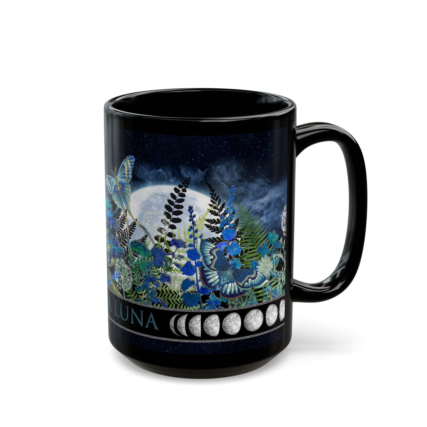 La Luna Moon Phase Floral Mug — Blue Botanical & Butterfly 11oz/15oz