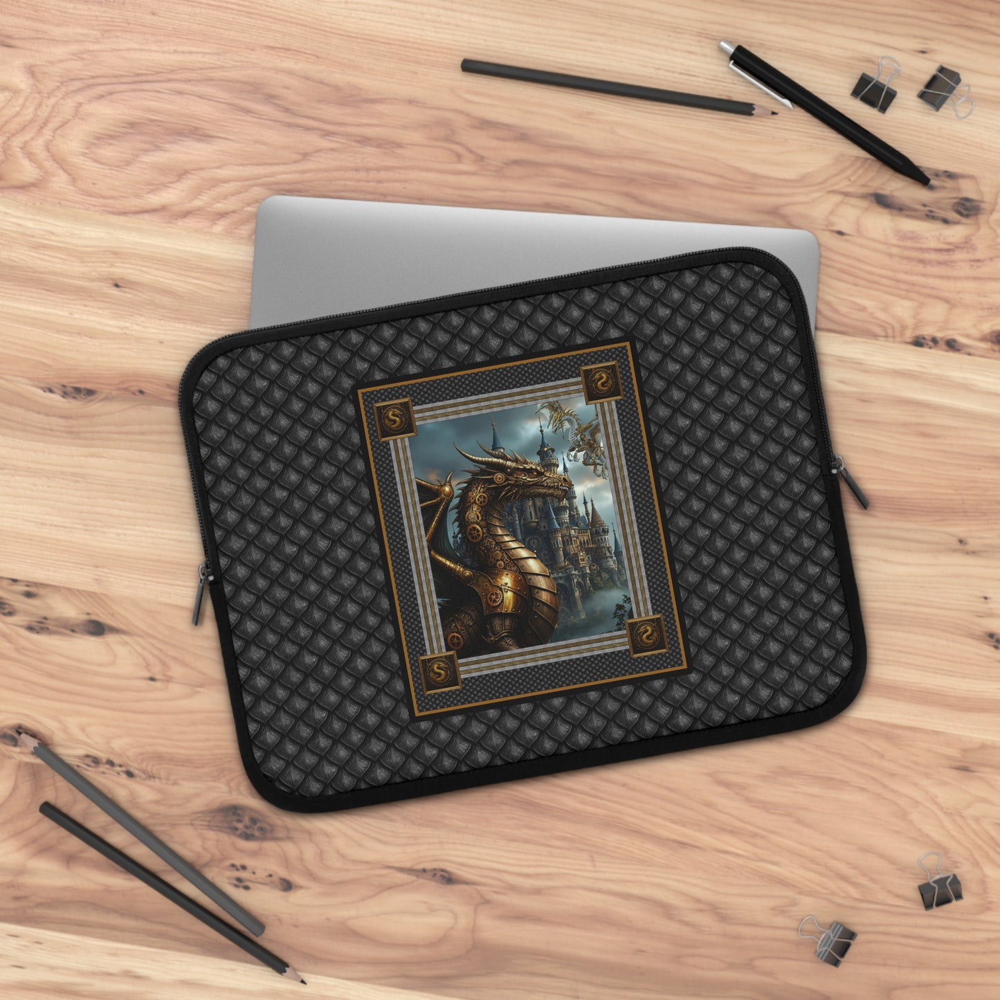 Laptop Sleeve (Sizes:  13", 15", 17"):  Steampunk Dragons [Dragon Panel - Black Scales]