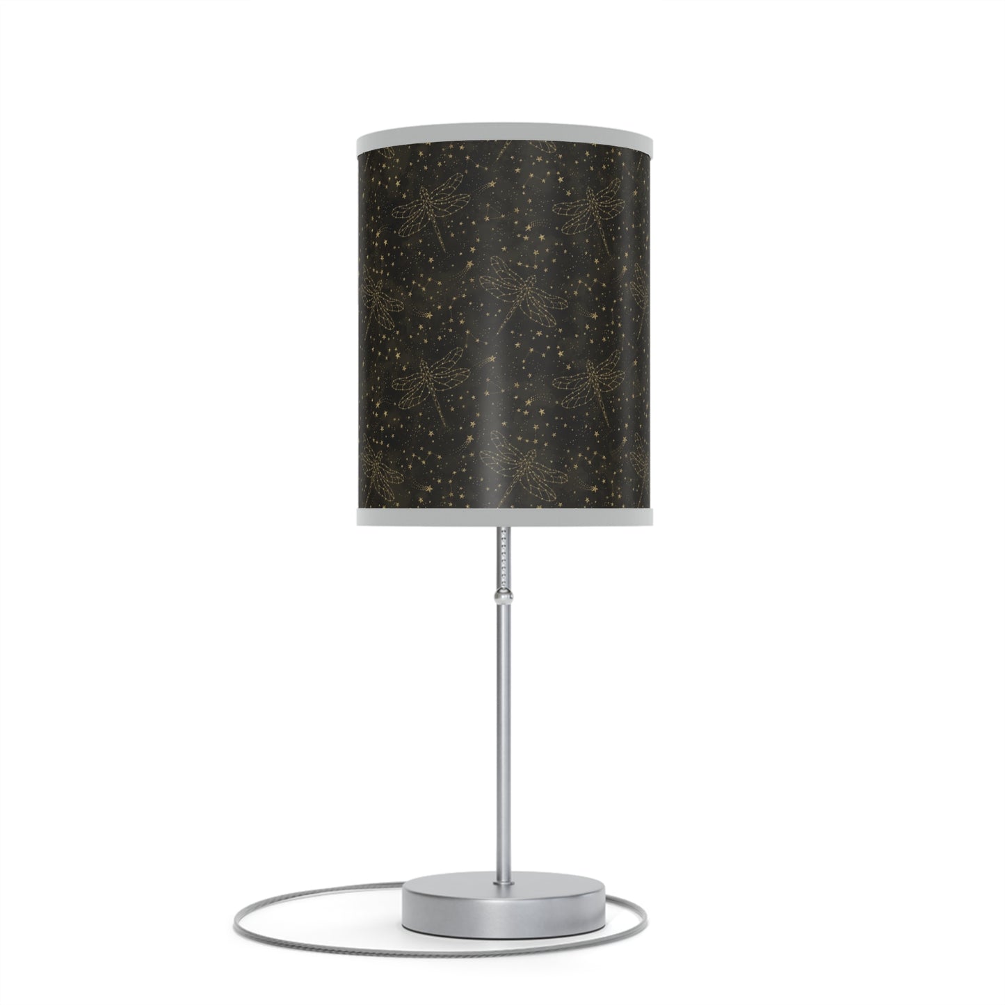Table Lamp: Silver W/Black Trim; The Sun, The Moon, and The Stars [Gold Sparkle Dragonflies]