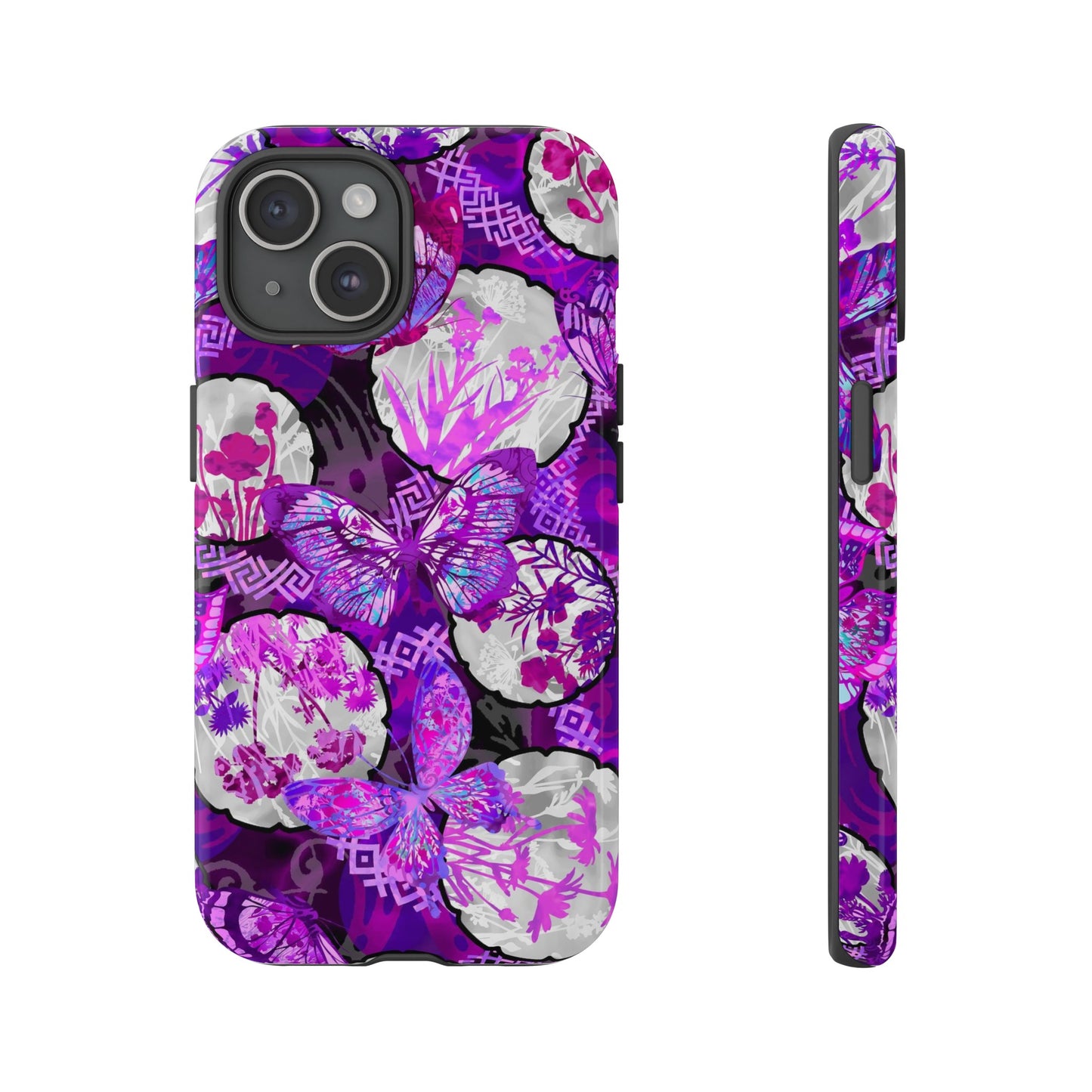 Apple I-Phone 15 (Series) Tough Case-Phone Case:  Dreamscapes [Bright Purple Butterflies]