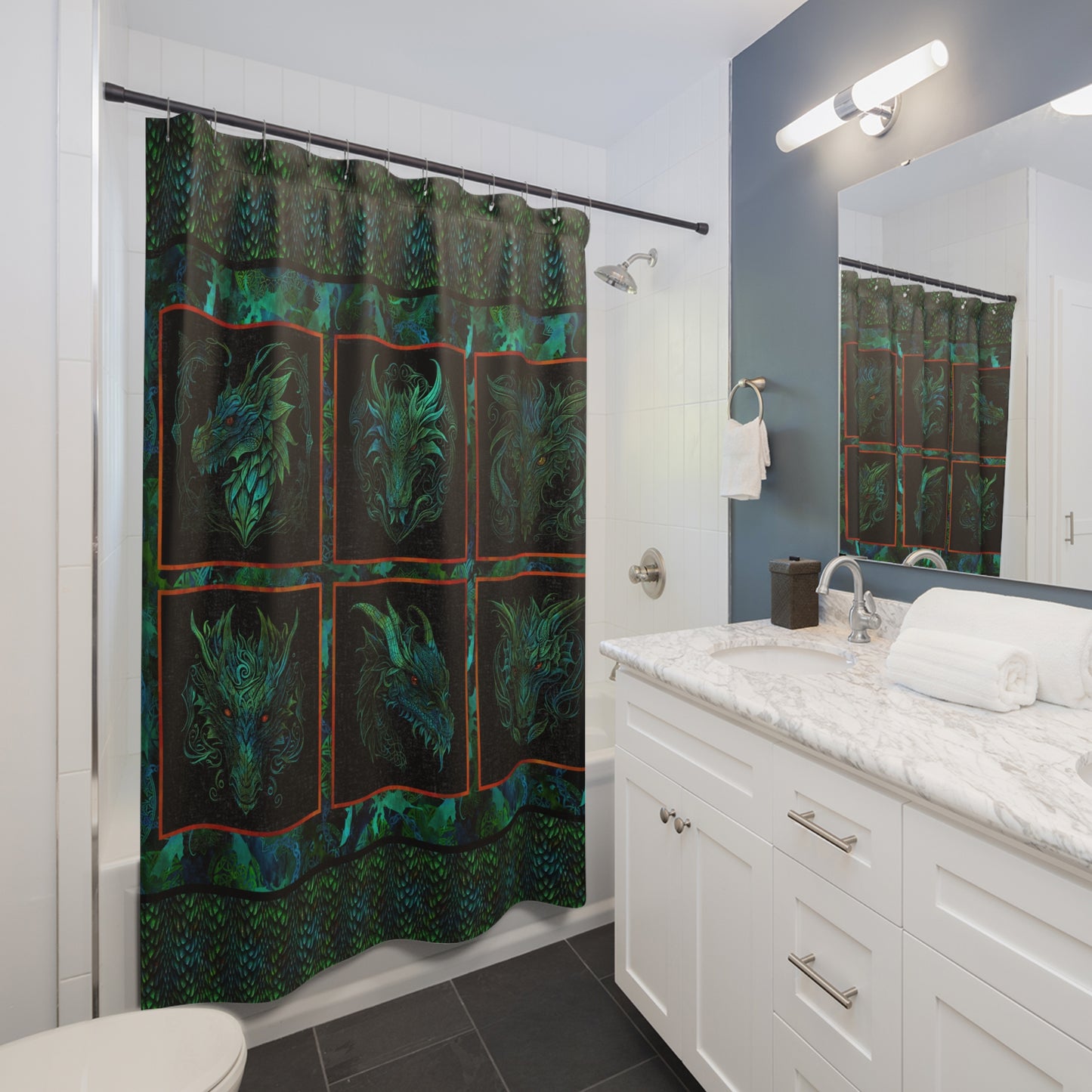 Mystic Green Dragon Shower Curtain — Celtic Fantasy Dragon Panel Bathroom Decor