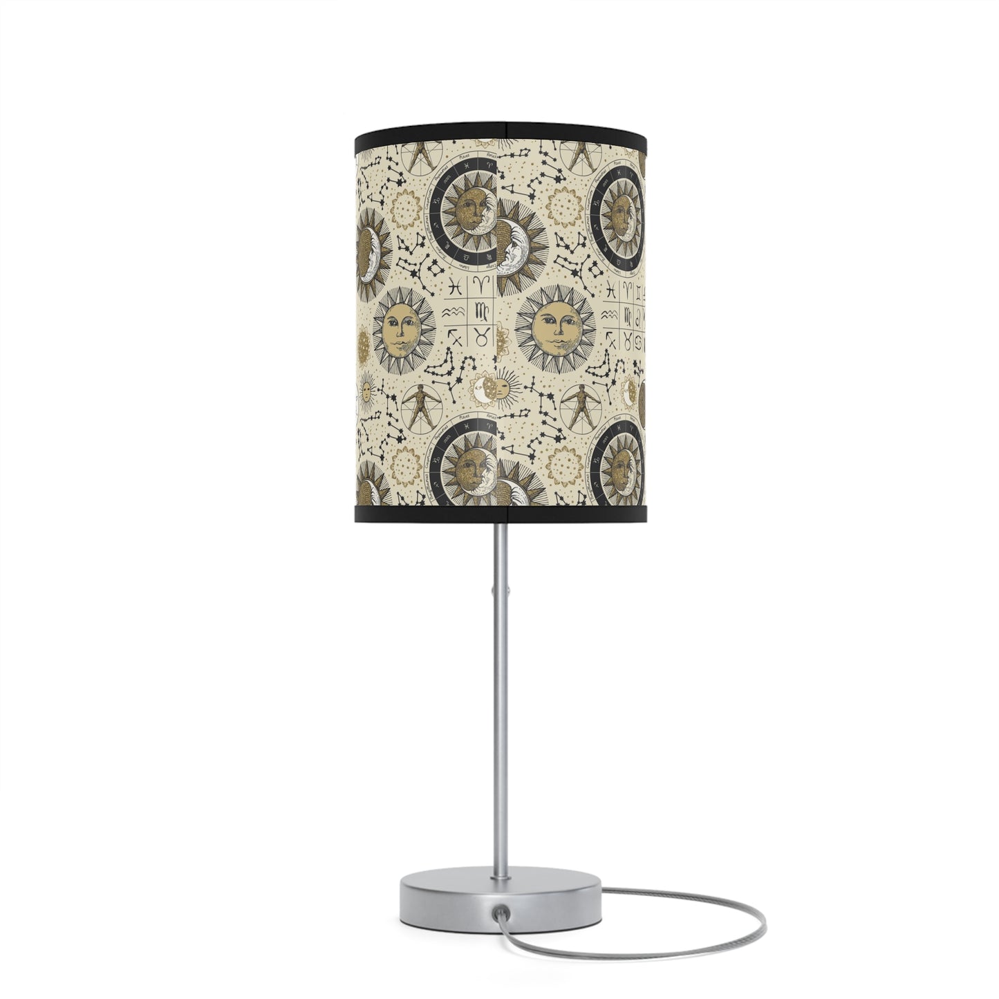 Table Lamp: Silver W/Black Trim; The Sun, The Moon, and The Stars [Zodiac Symbols]