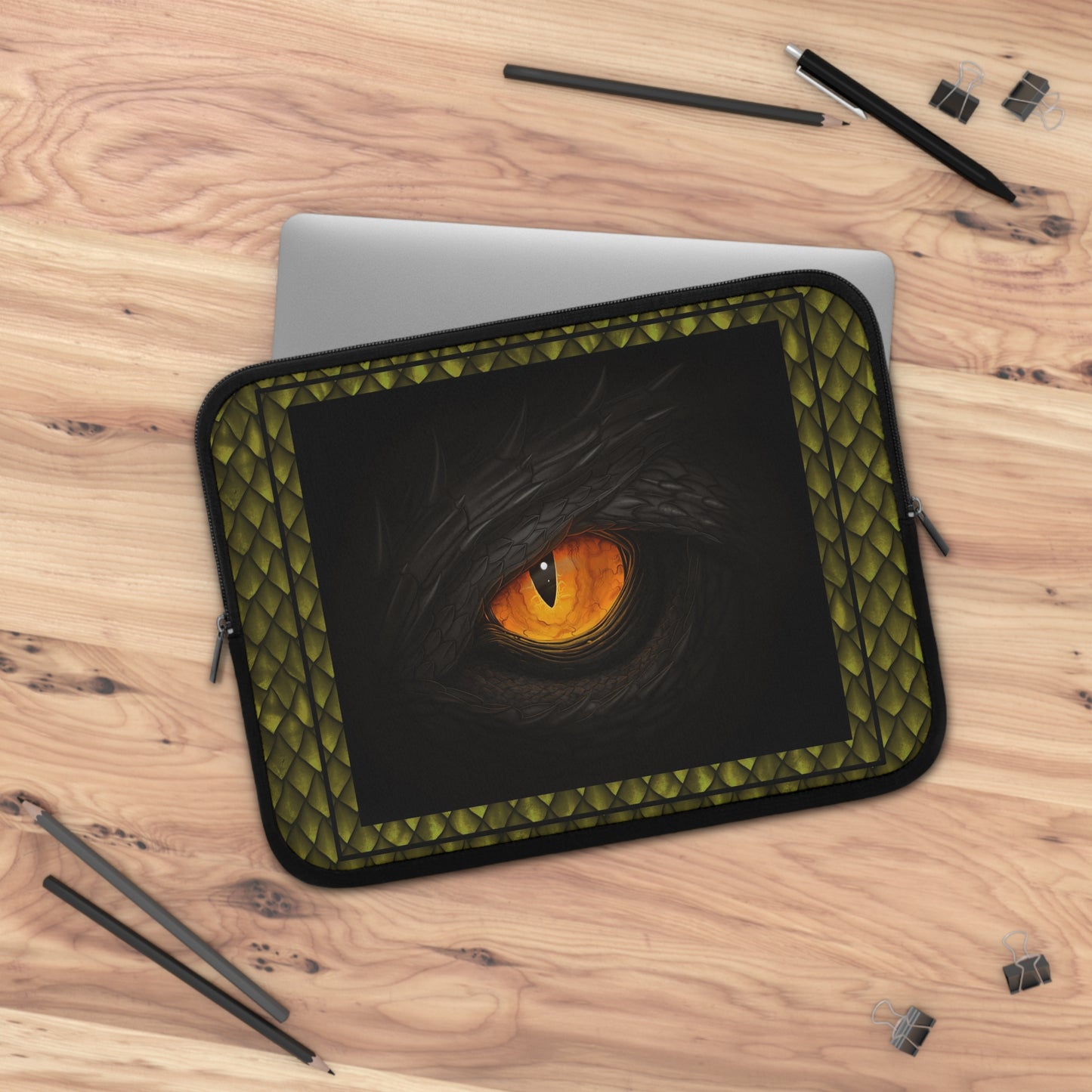 Laptop Sleeve  (Sizes:  13", 15", 17") [Dragons:  Green Scales-Black Eye w/Orange] - From In the Beginning Fabrics.