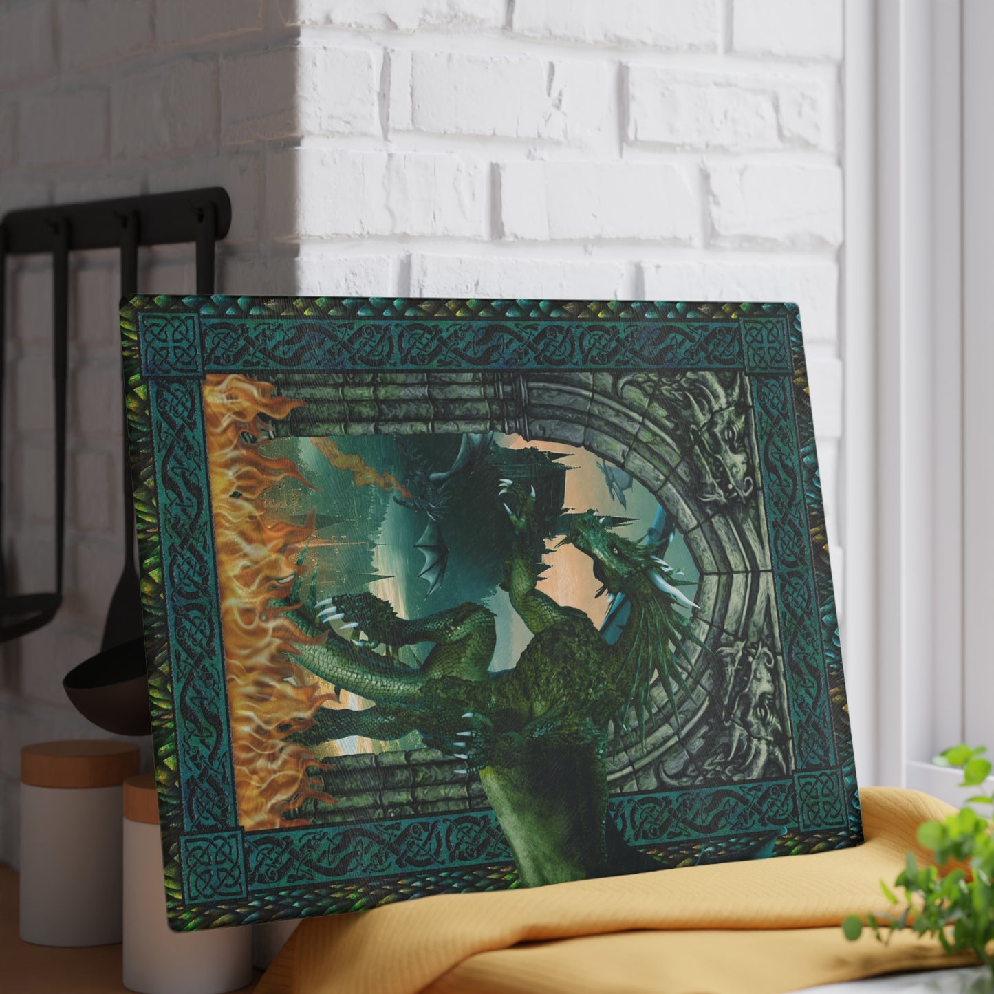 Glass Cutting Board (11"x15"):  Emerald Dragons [Panel]