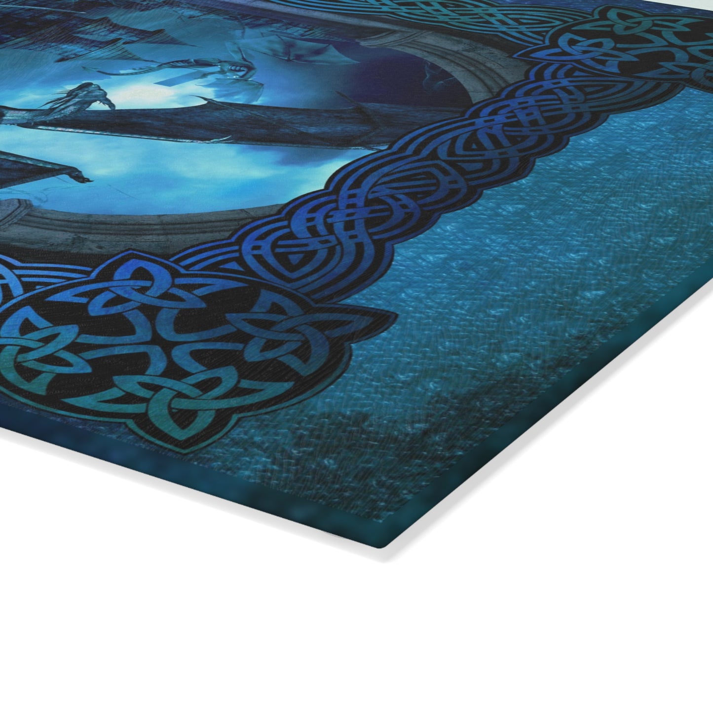 Glass Cutting Board:  "Dragons" [Blue Panel]