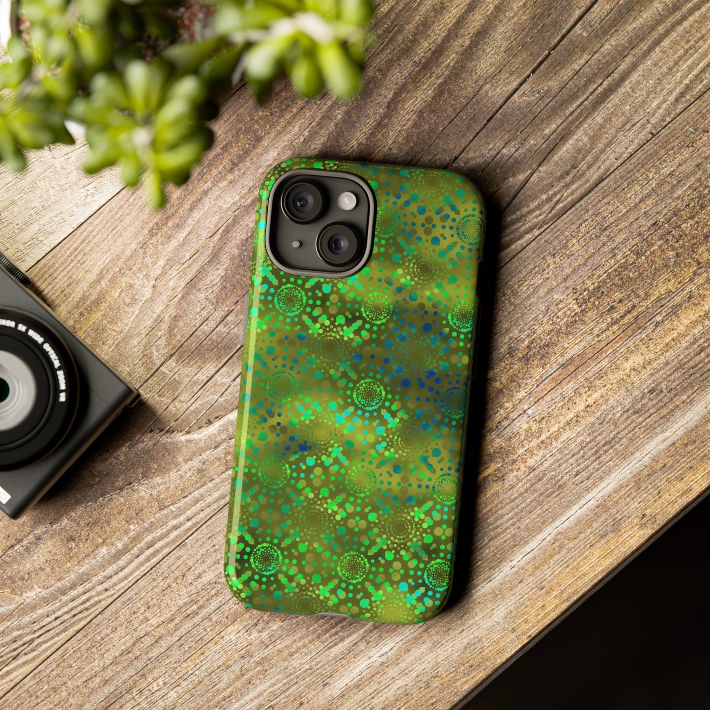 Apple I-Phone 15 (Series)-Tough Case-Phone Case: Dreamscapes [Green Butterflies]-Phone Case:  Dreamscapes [Green Kaleidoscope]