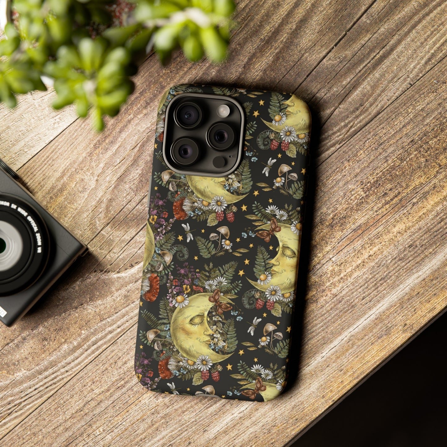 Apple I-Phone 15 Tough Case-Phone Case:  The Sun, The Moon, And The Stars [Moons With Flowers-2]