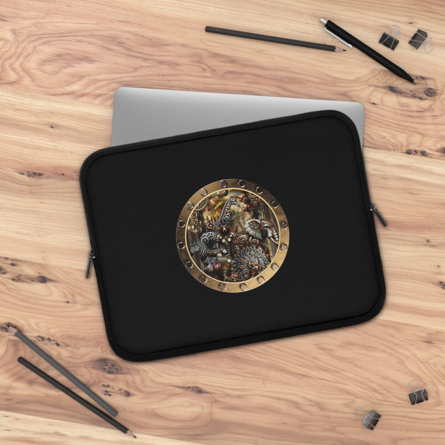 Steampunk Porthole Laptop Sleeve — Vintage Gear & Brass Robot Design