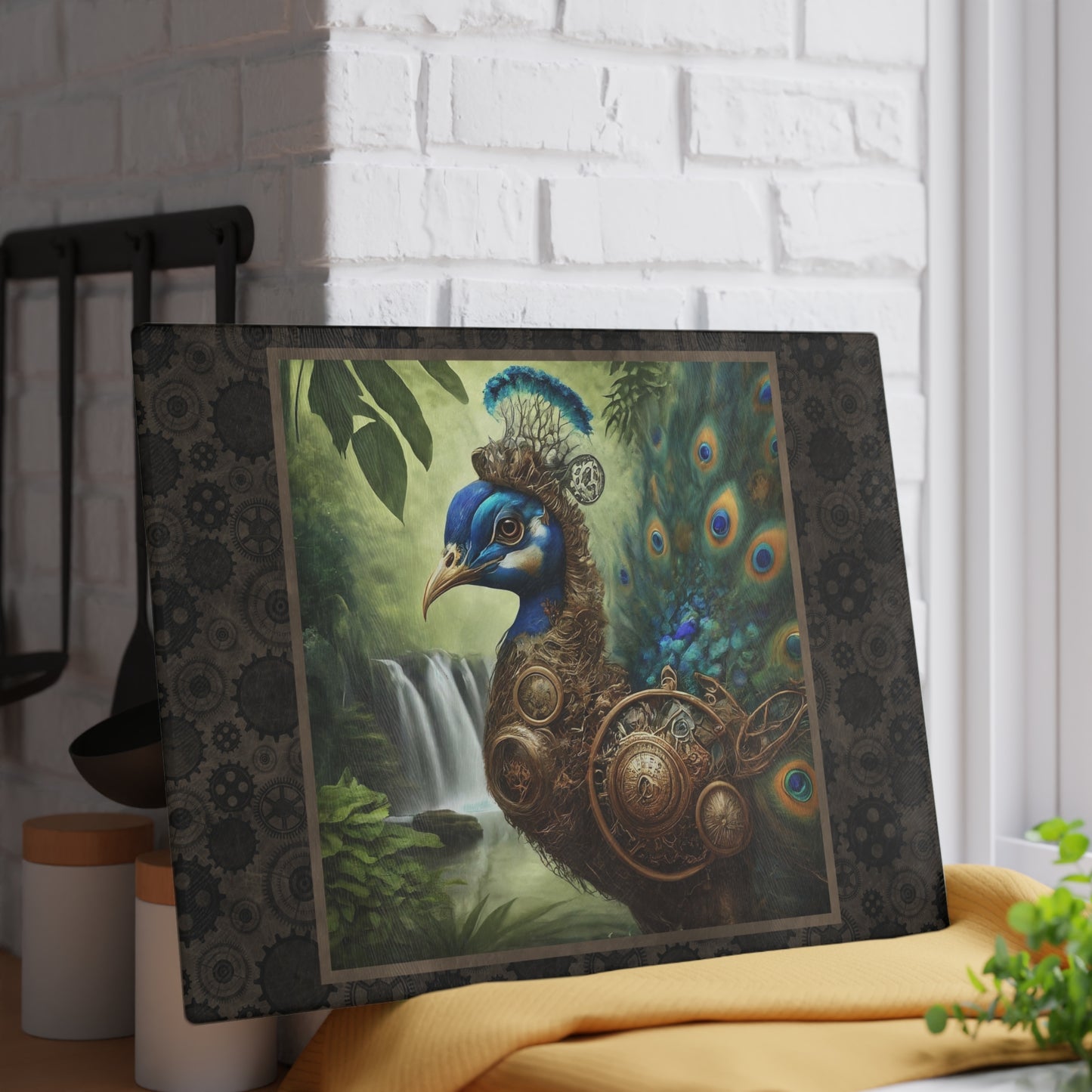 Glass Cutting Board (11"x15"):  Steampunk Animals [Peacock]