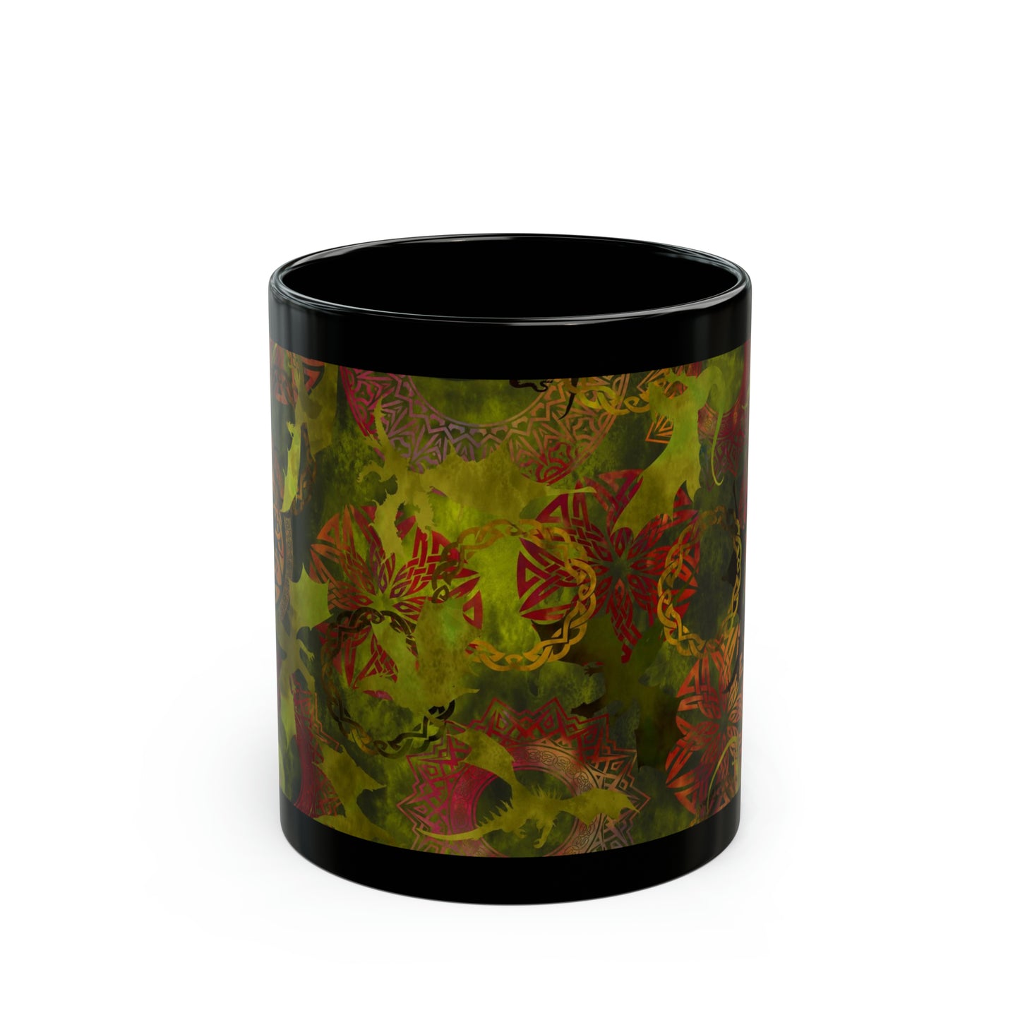 Ceramic Mug:  Black; Dragons [Green Panel]