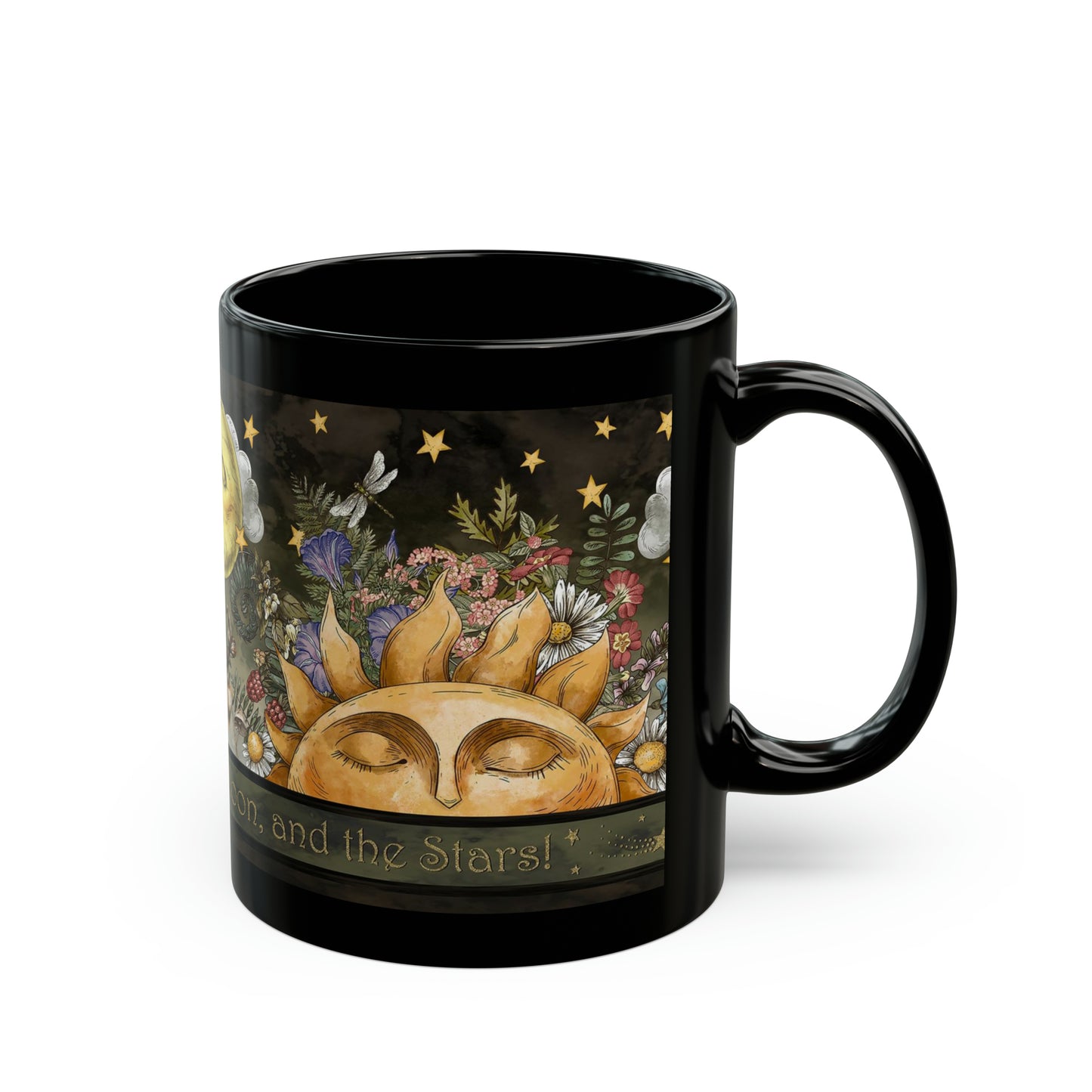 Ceramic Mug:  Black;  "The Sun, The Moon, And the Stars" [Border]