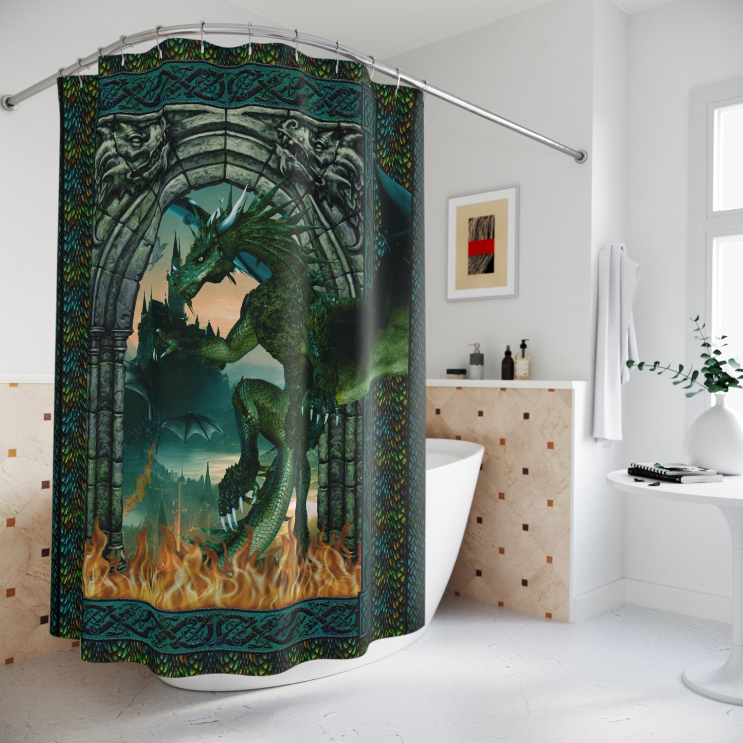 Dragon Portal Shower Curtain — Mystic Green Fantasy Bathroom Decor