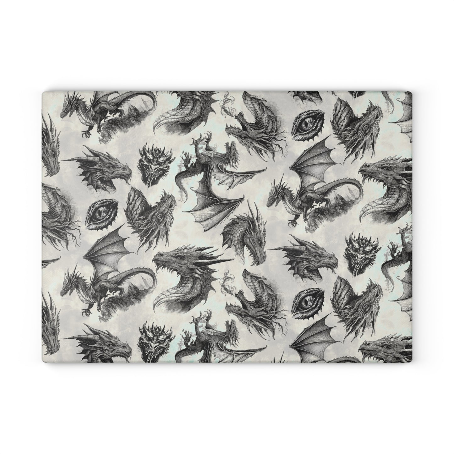 Glass Cutting Board (11"×15"): "Dragons" [Black/White Schetch]