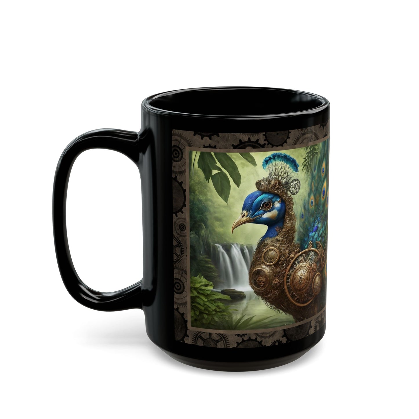 Black Mug-15oz:  "Steampunk Peacock " Panel