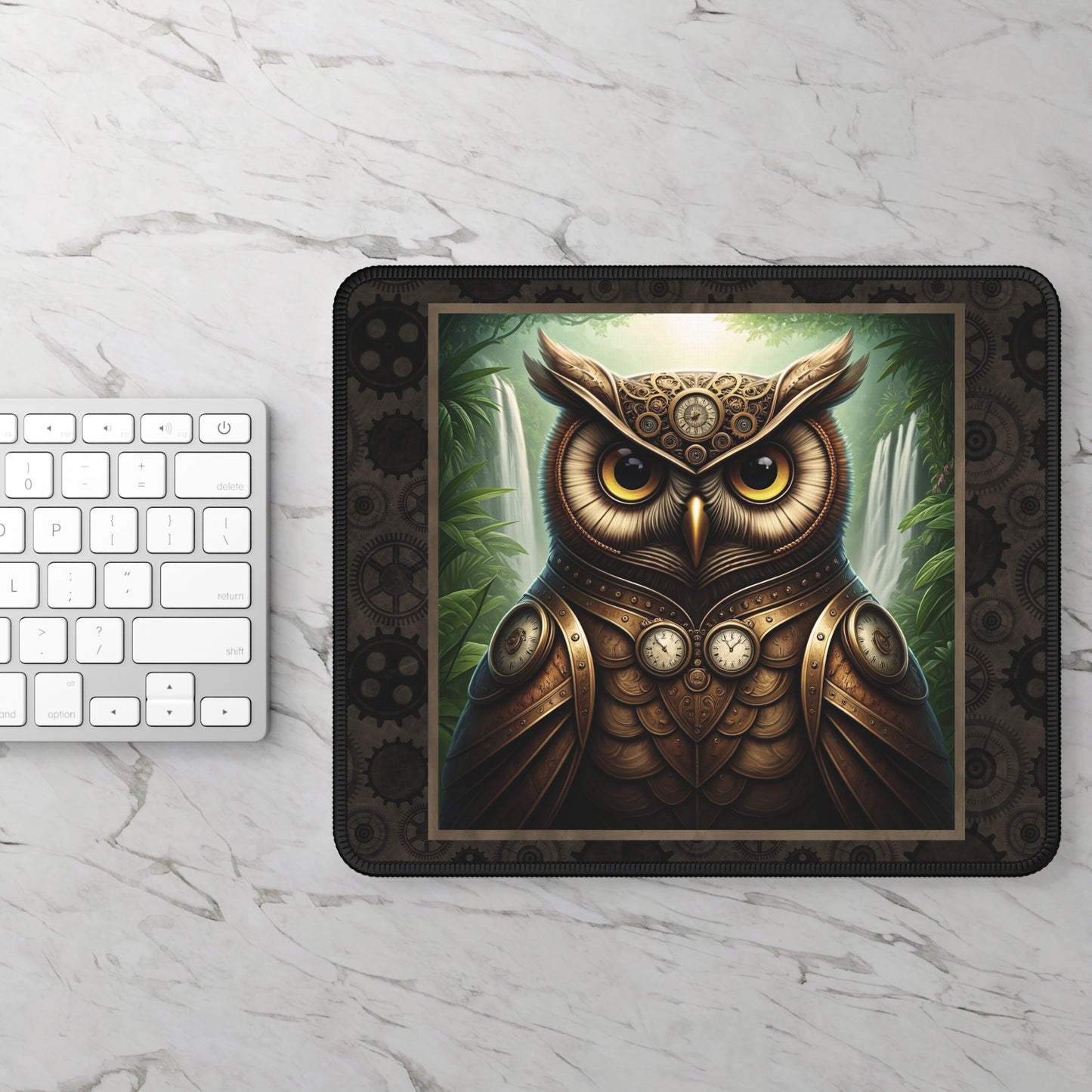 Steampunk Owl Gaming Mouse Pad — Mechanical Clockwork Forest Design