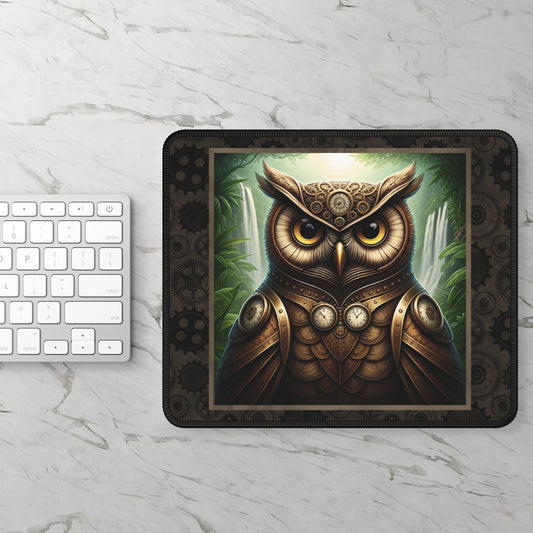 Steampunk Owl Gaming Mouse Pad — Mechanical Clockwork Forest Design