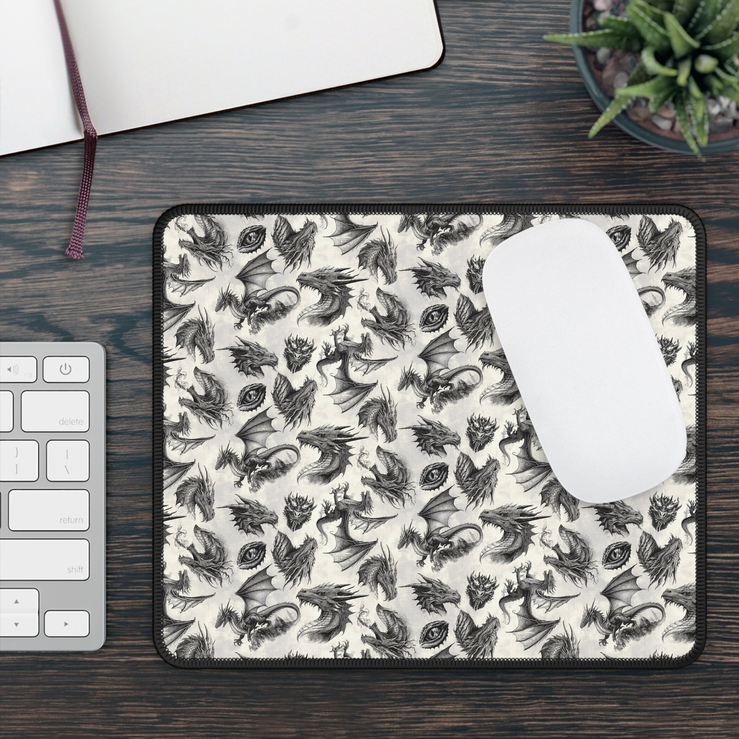 Mouse Pad-Gaming;  9x7 - Emerald Dragons [Dragon Etching - B/W]