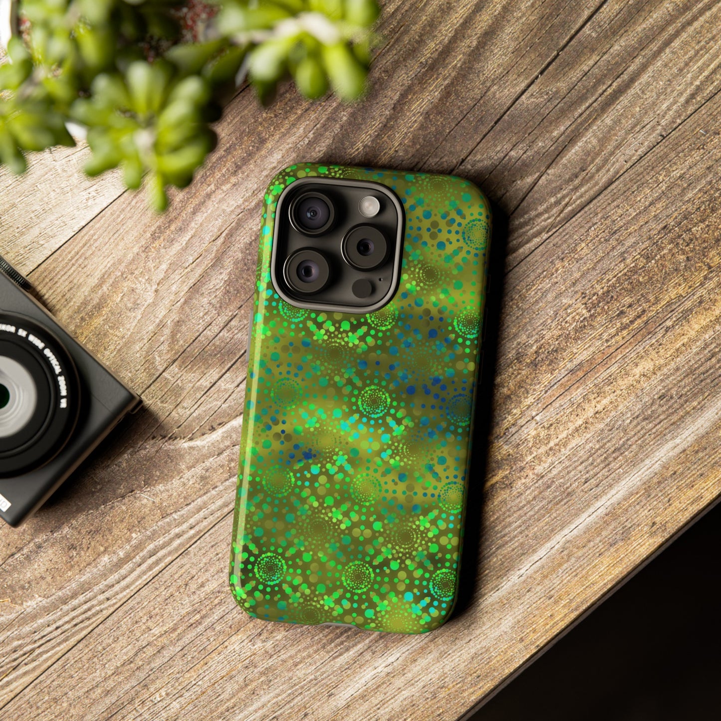 Apple I-Phone 15 (Series)-Tough Case-Phone Case: Dreamscapes [Green Butterflies]-Phone Case:  Dreamscapes [Green Kaleidoscope]