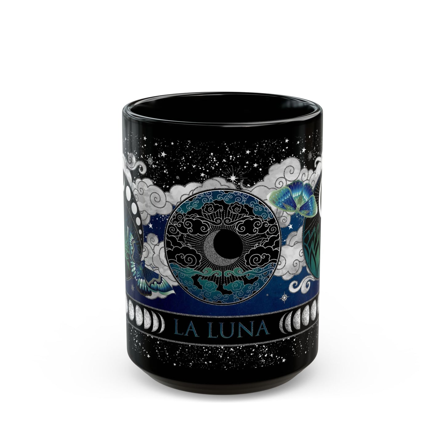 Black Mug-15oz:  "LA LUNA 2" Border