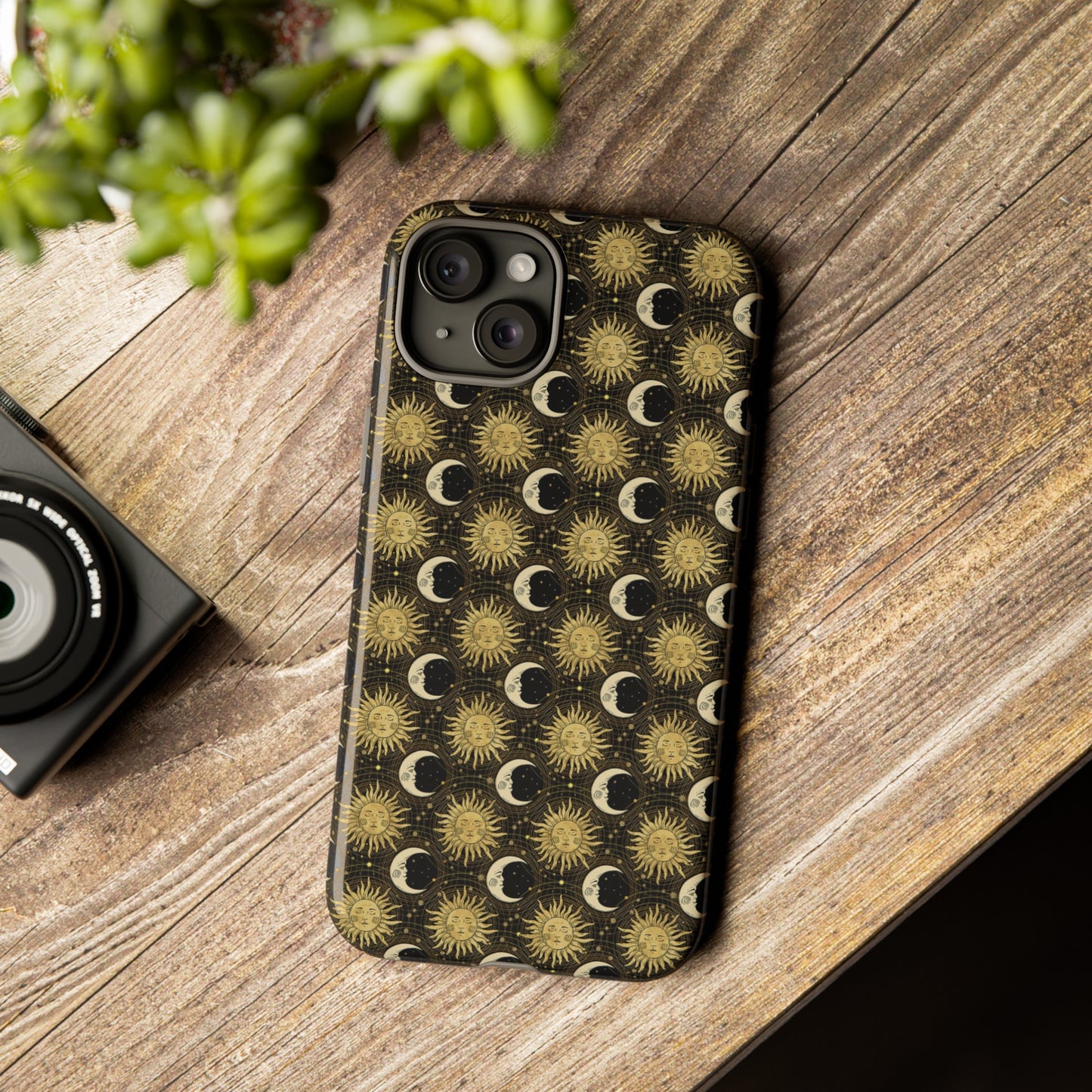 Apple I-Phone 15 (Series) Tough Case-Phone Case:  The Sun, The Moon, And The Stars [Gold Suns, Smiling Moons]