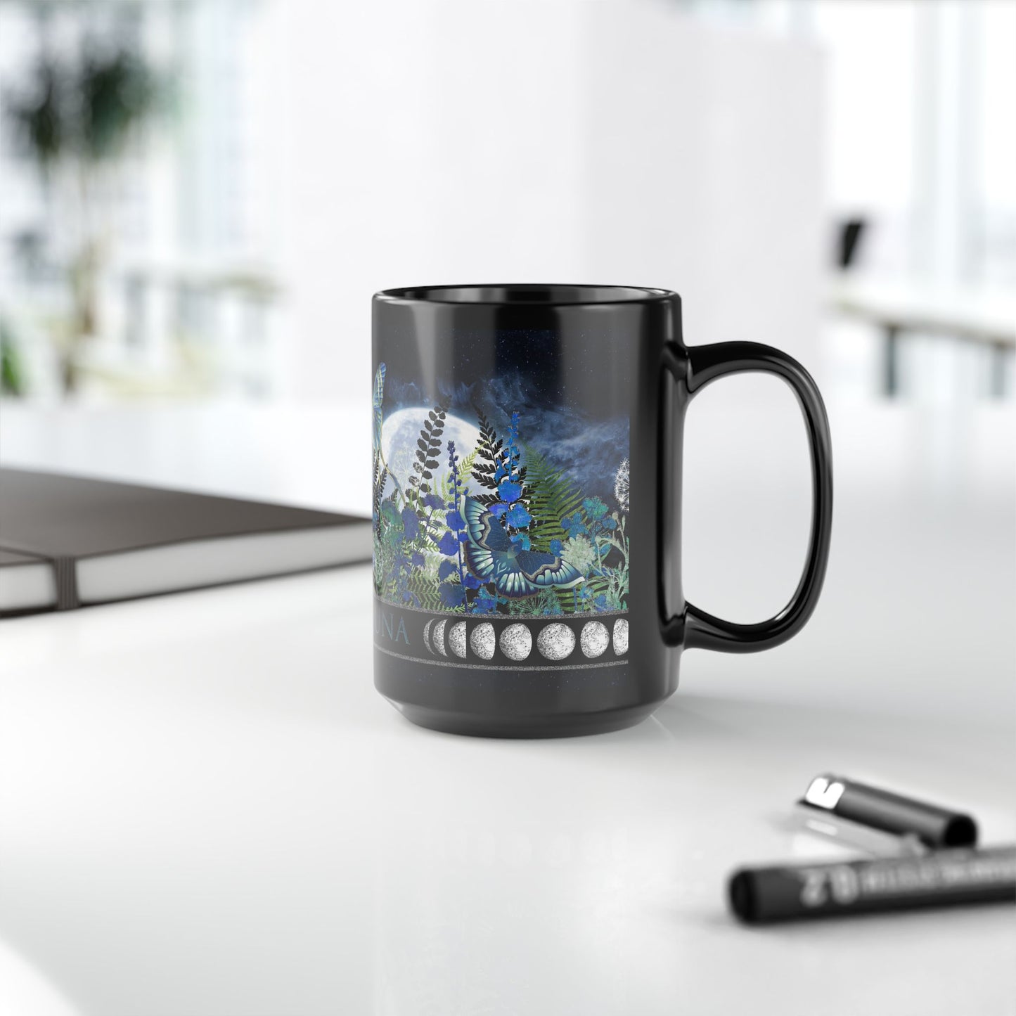 La Luna Moon Phase Floral Mug — Blue Botanical & Butterfly 11oz/15oz